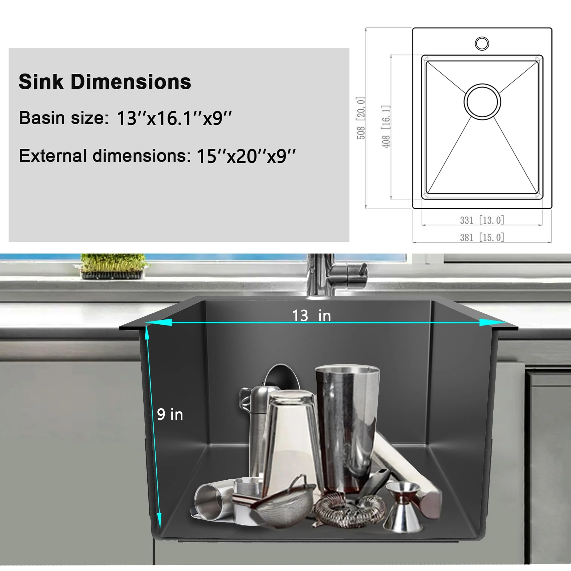 15 x 15 Inch Black Drop In Kitchen Bar Sink, Small Kitchen Sink Single Bowl Topmount Bar Prep Sink 18 Gauge Stainless Steel Bar Sink with Grid and Basket Strainer