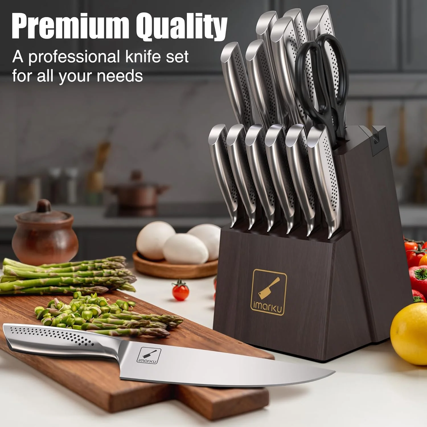 imarku Japanese HC Stainless Steel 15 Piece Kitchen Knife Set, Built in Sharpener, Sharp Knife Set with Point like Ergonomic Handle, Holiday Gift, Home Chef Knife, White