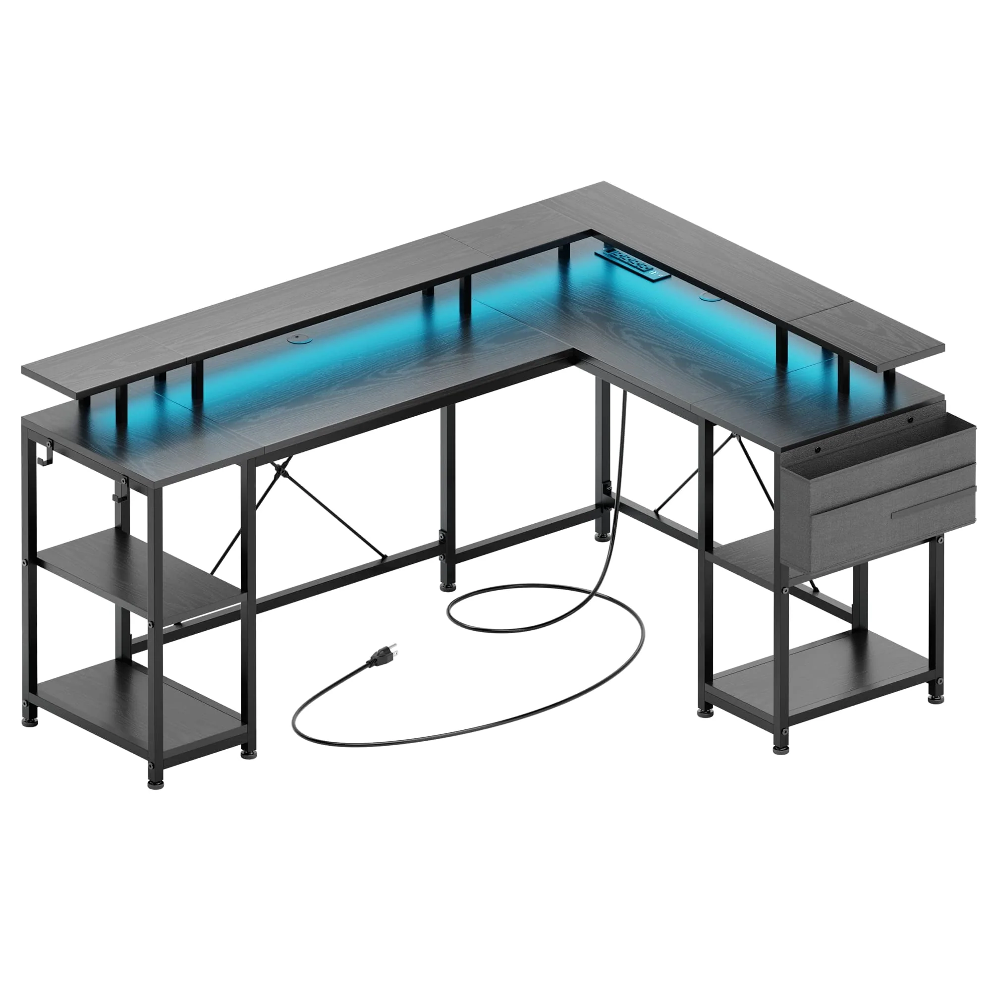 Lulive 95” L-Shaped Computer Desk with LED Light Gaming Desk with Power Outlet, Home Office Desk with Monitor Stand, Storage Shelf and Storage Bag Corner Desk, Black