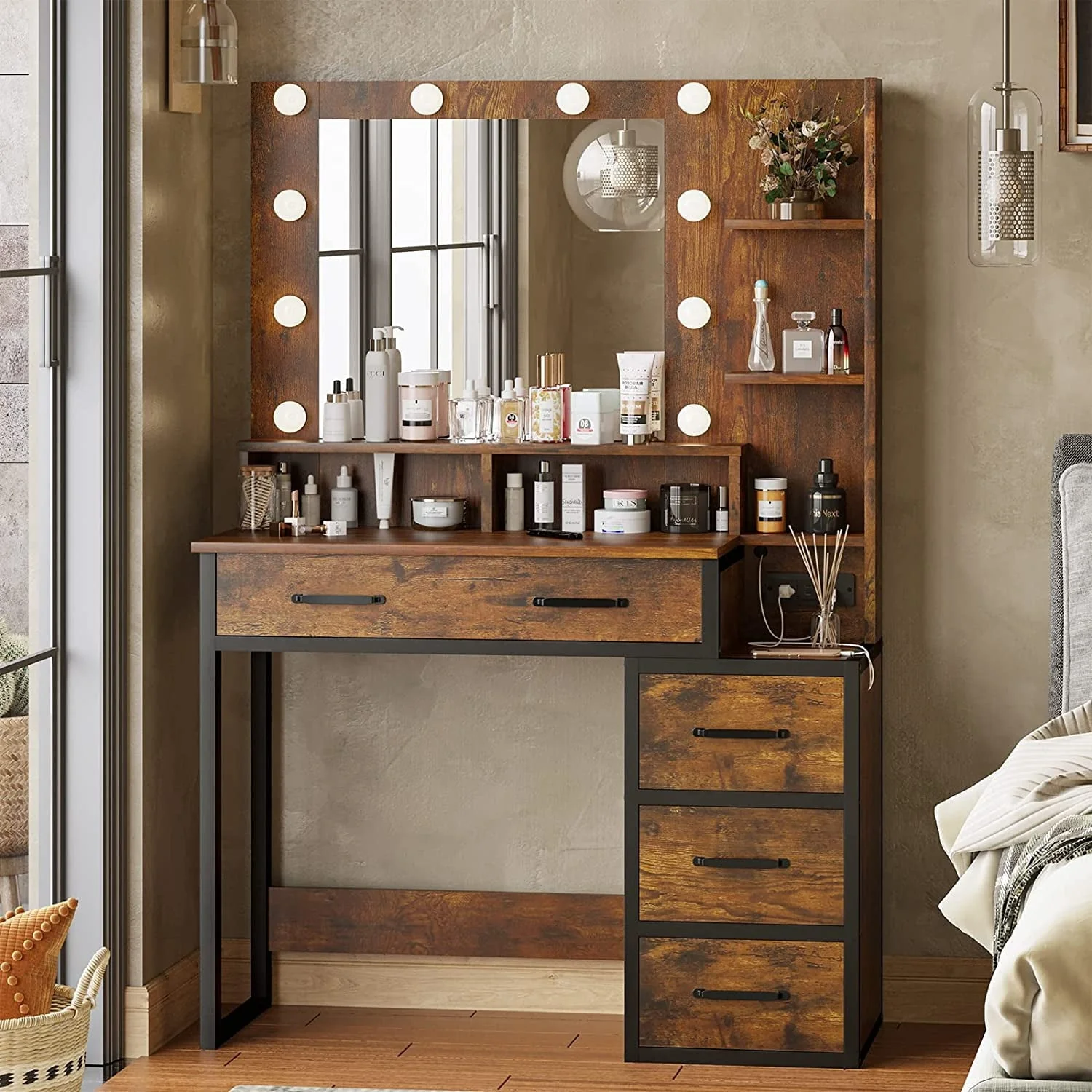 Rustic Vanity Desk Makeup Dresser Desk Table with Lighted Mirror & Charging Station & 5 Drawers, 10 LED Light, Brown & Black