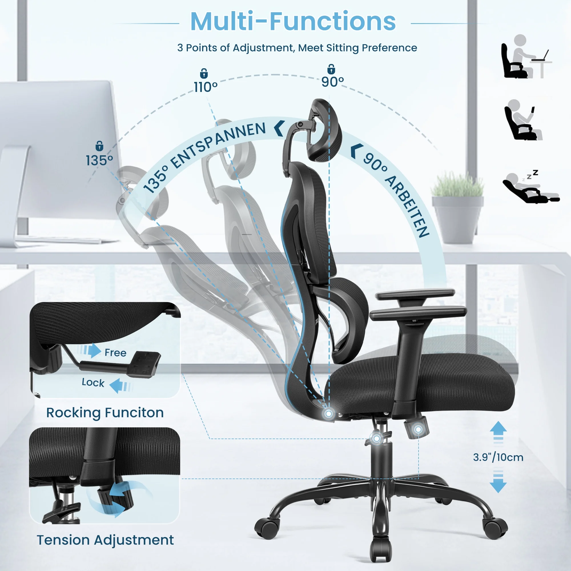 COOLHUT Ergonomic Office Chair, High Back Adjustable Computer Desk Chair with Lumbar Support, 500lb, Black
