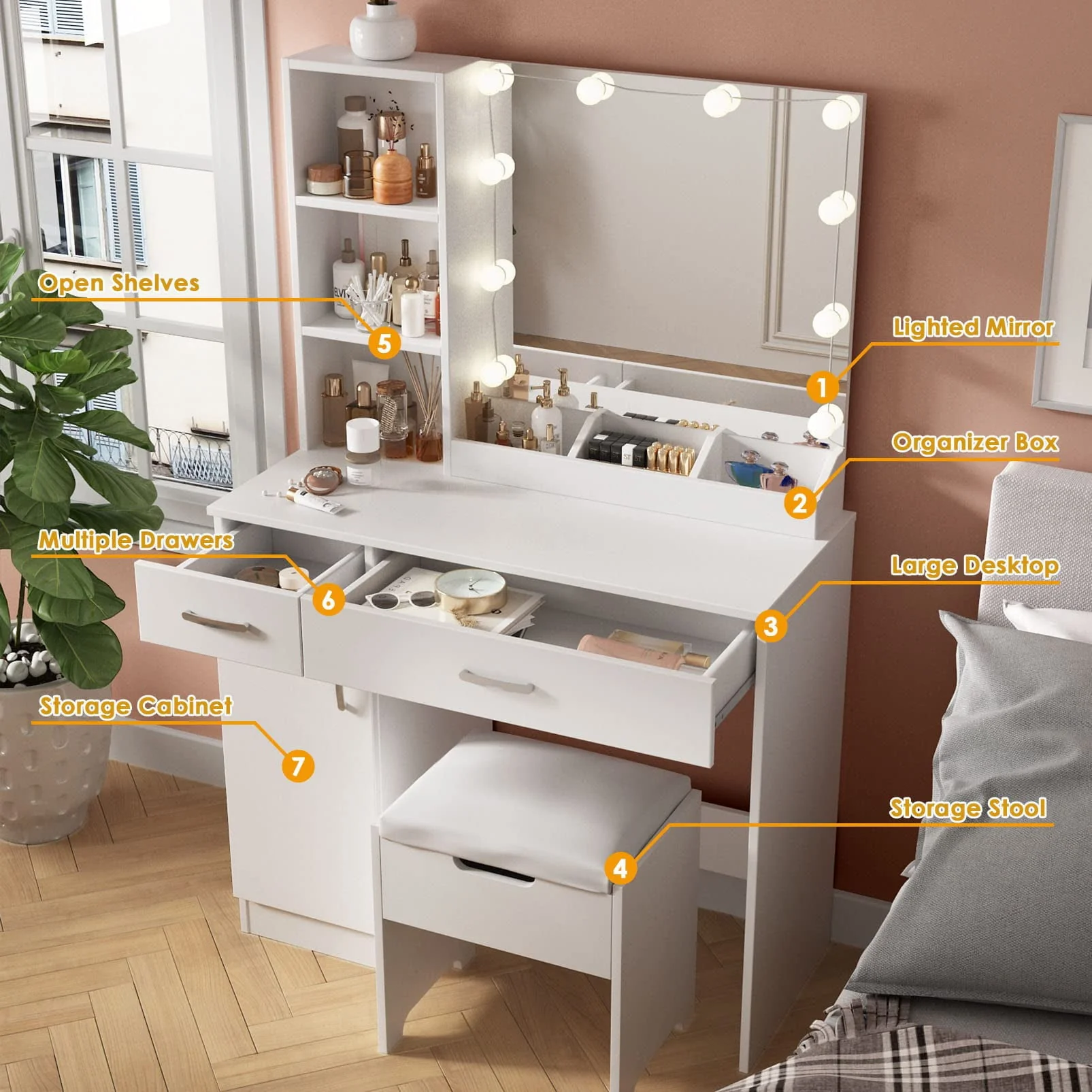 Veanerwood Makeup Vanity Table with 10 Led Lights, Lighted Mirror Vanity Desk, Modern Bedroom Dressing Vanity, White Finish
