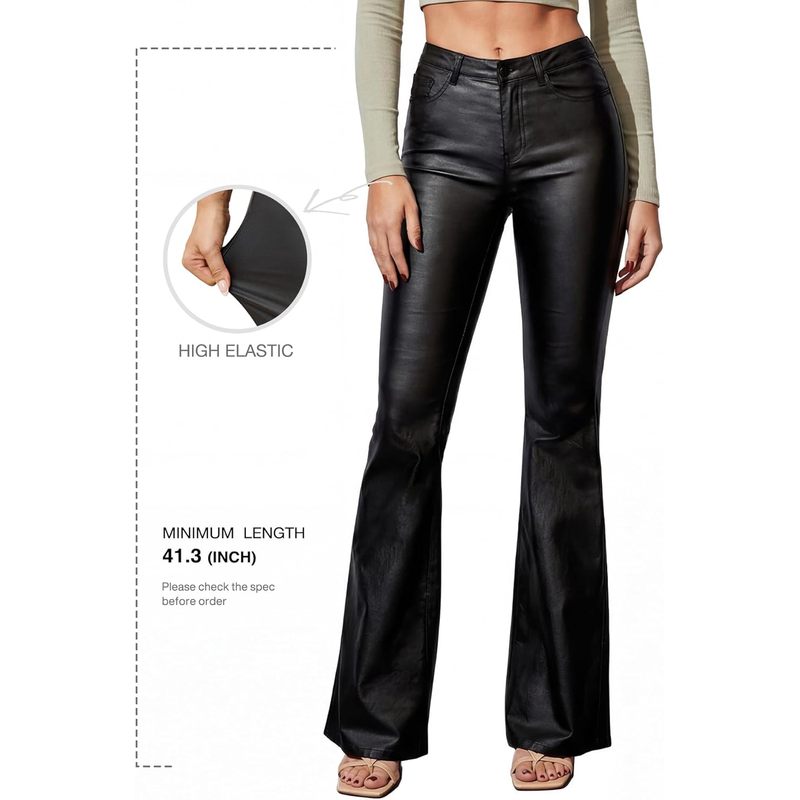 Women's Faux Leather Coated Flare Pants Mid Waist Black