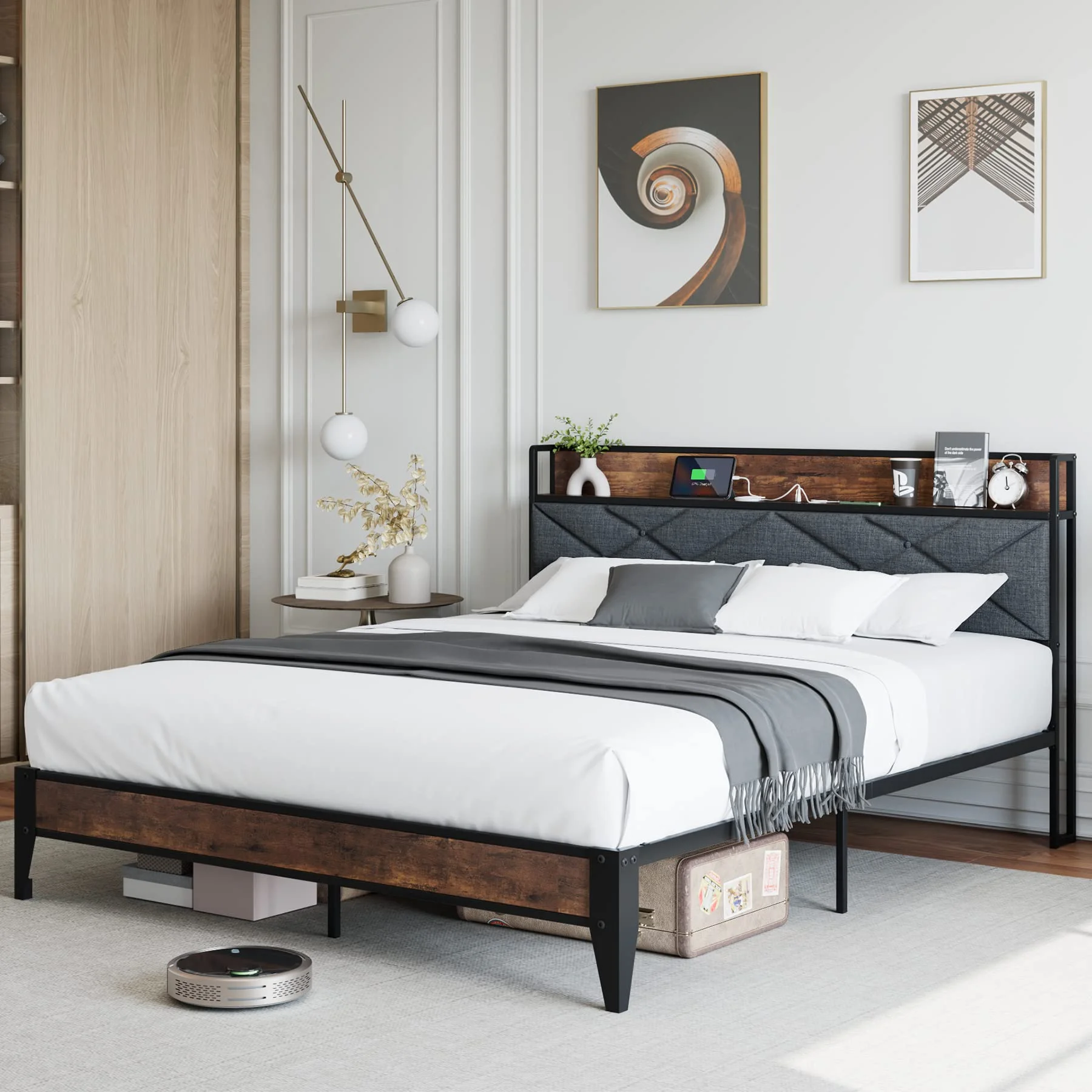 CREATIVE HOBBIES King Size Bed Frame with USB Ports, Platform Bed Frame with Storage Headboard, Solid Wood Slats Support, No Box Spring Needed, Noise-Free