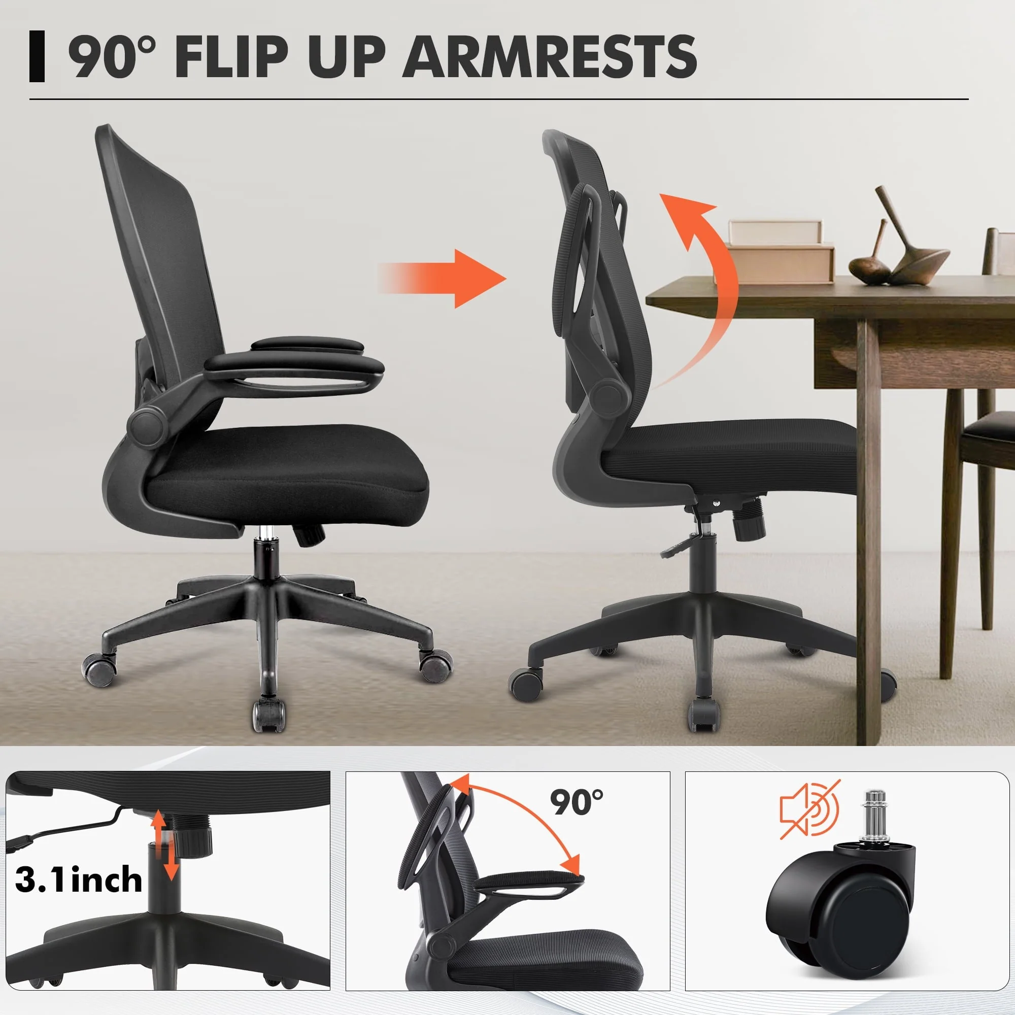 Coolhut Ergonomic Office Chair, Comfort Desk Chair with Adjustable Lumbar Support and Flip up Arms, 300lb, Black