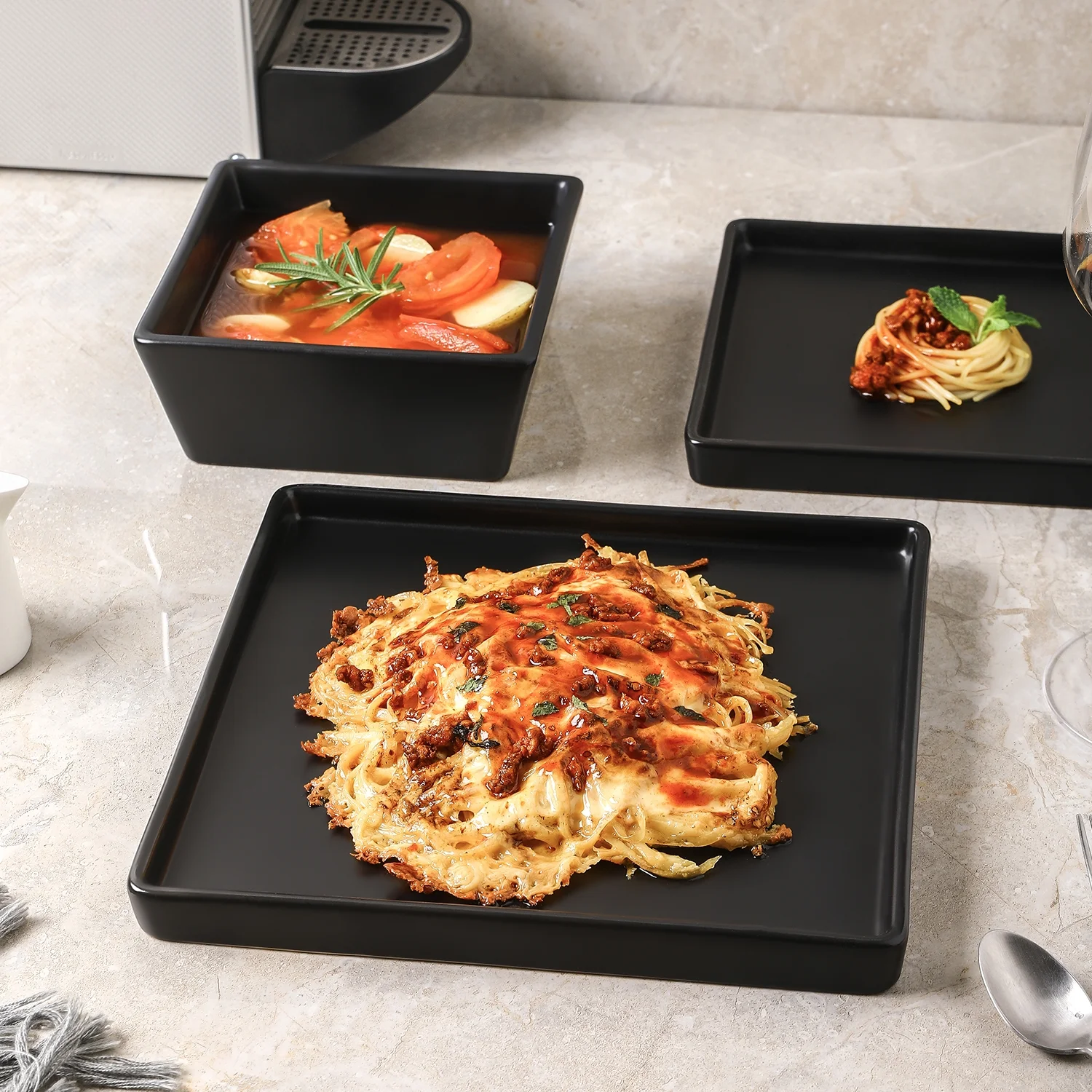 Stone + Lain Grace Stoneware Collection, Square Dinnerware Set, 12-Piece Service for 4, Black Matte