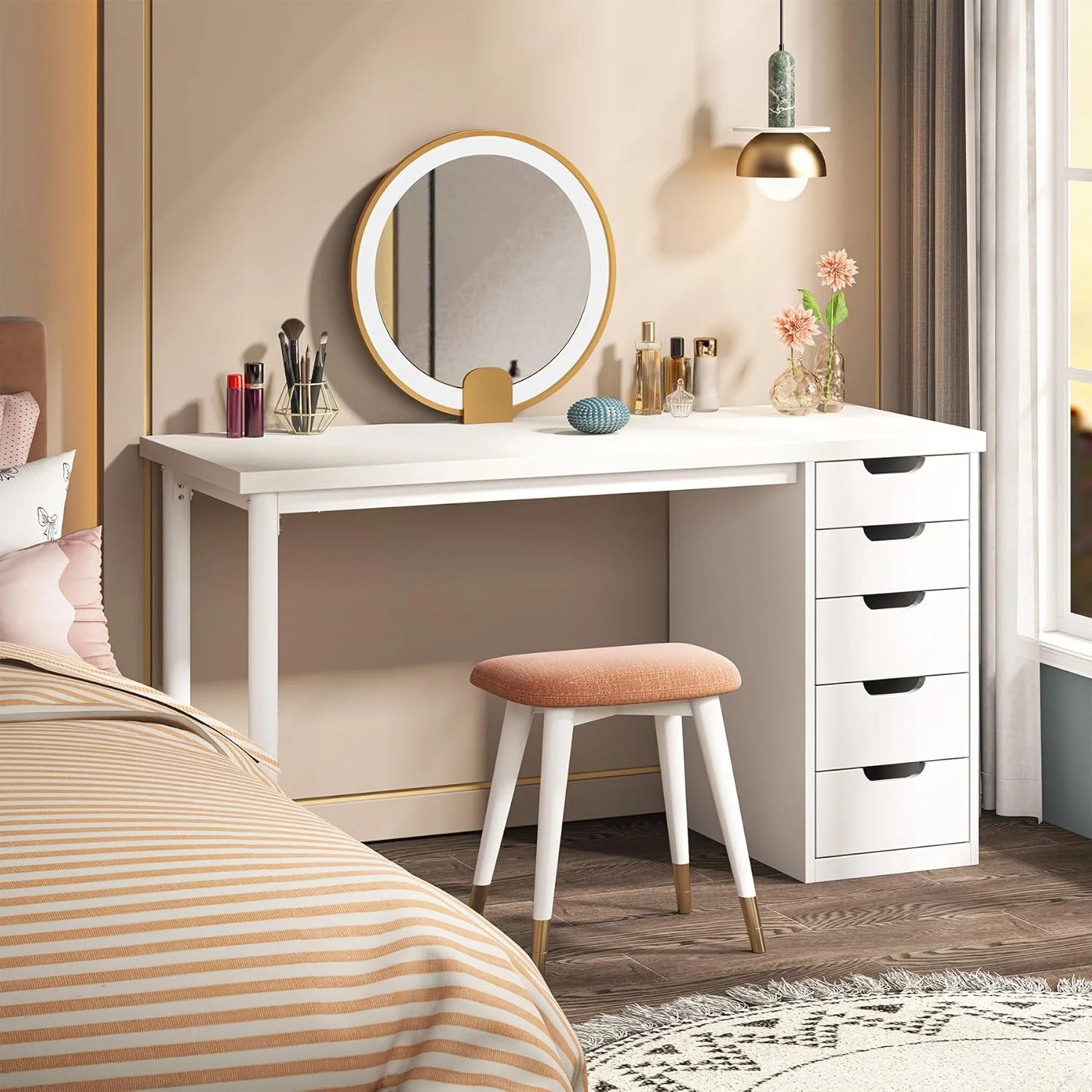 Tribesigns 47 inches Vanity Desk with 5 Drawers, Rustic Makeup Dressing Table with Storage, Modern Simple Computer Desk for Women, Girls (Brown)