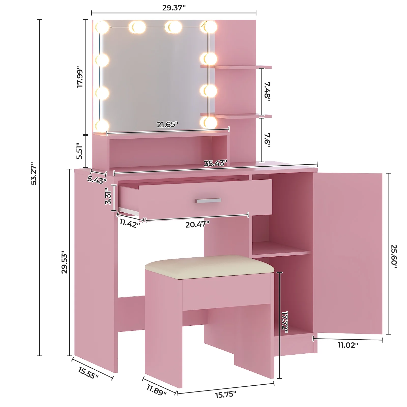 Ktaxon Vanity Set with 3 Color Lighted Mirror, Makeup Table with 3 Storage Shelves & Drawers, Dressing Table Makeup Desk with Stool,White