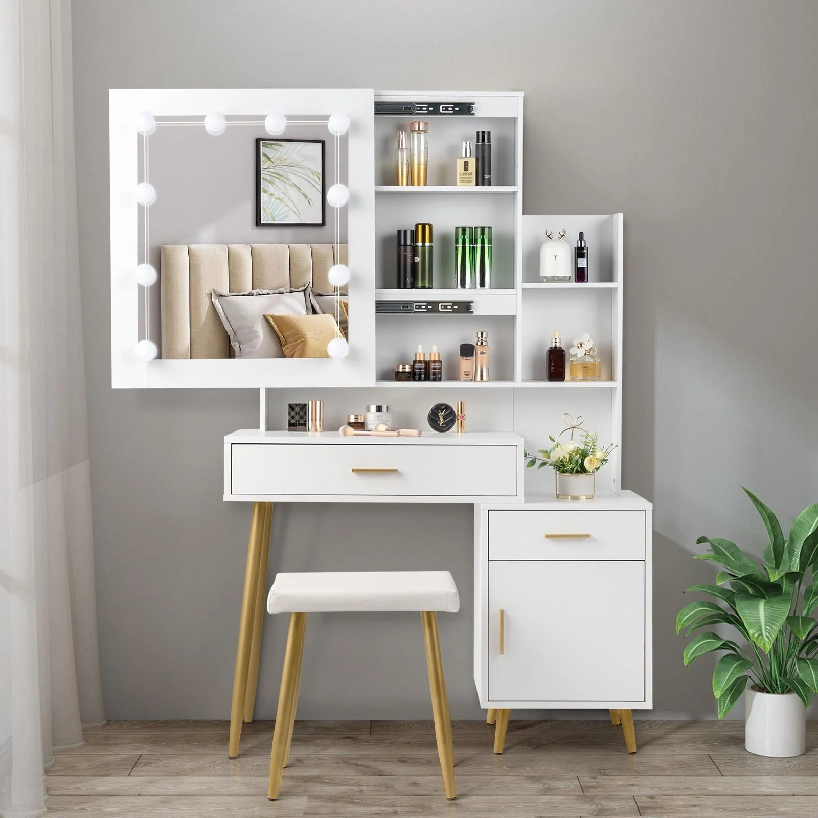 Ktaxon Lighted Makeup Vanity Table Set, Dressing Table with Sliding Mirror, Vanity Desk , White