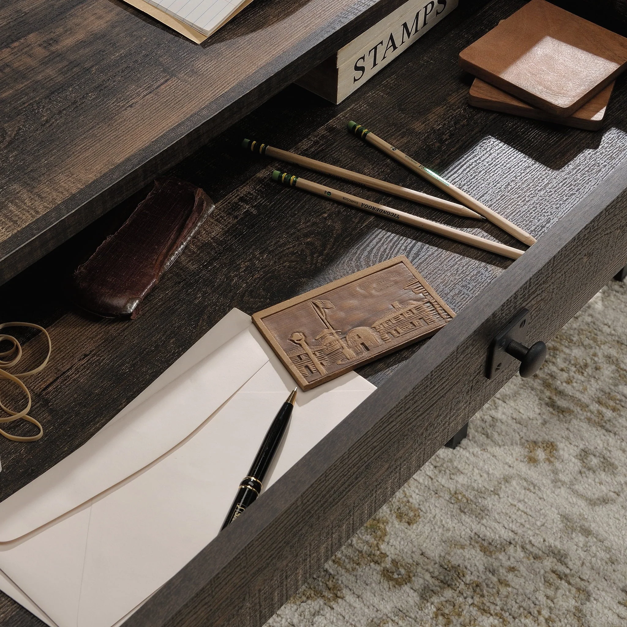 Sauder Steel River Desk, Carbon Oak Finish