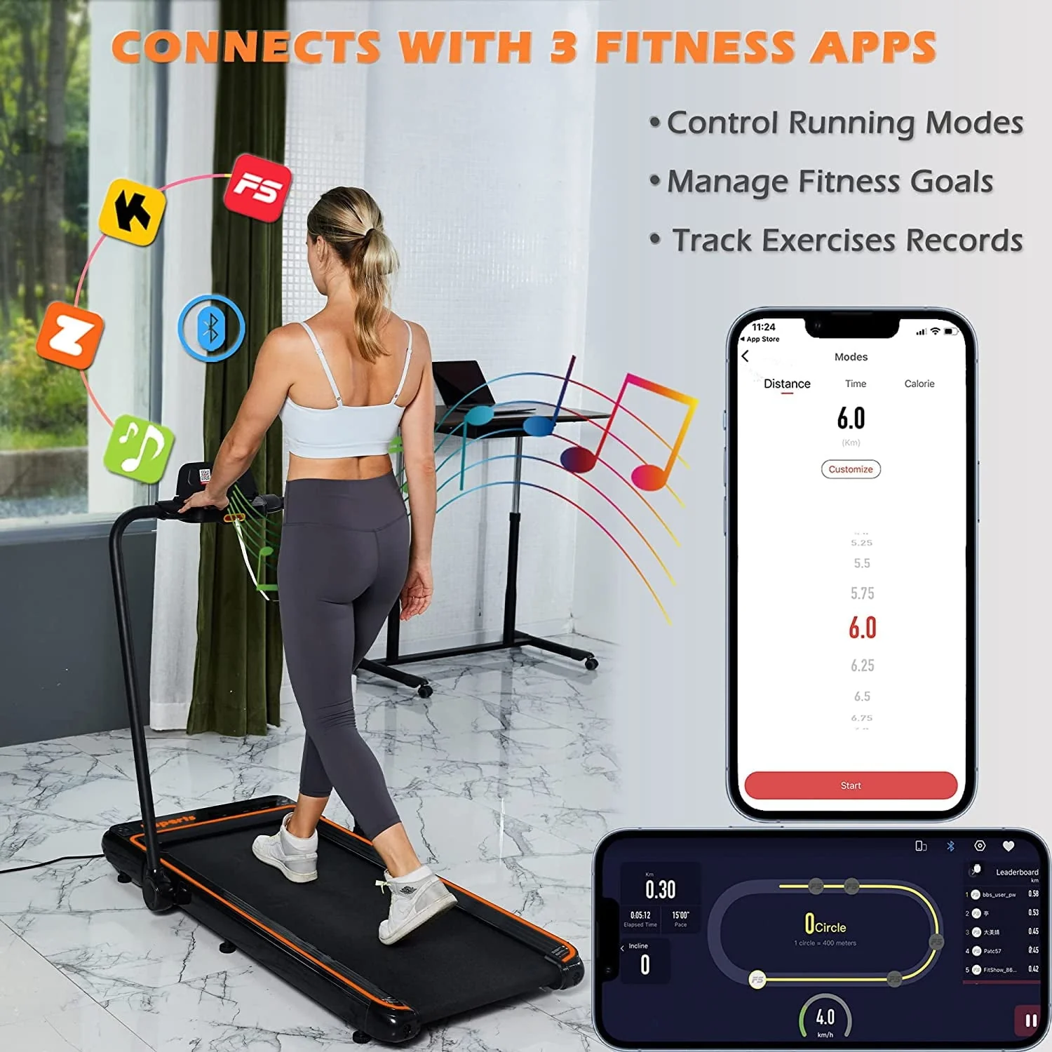 Ksports 3 in 1 Folding Treadmill, 2.25hp Under Desk Treadmill, Walking Pad, Installation & Lubricant-Free, Bluetooth Speaker, Fitshow App, 2 LED Display, Walking, Running & Sit Ups for Home Office Gym