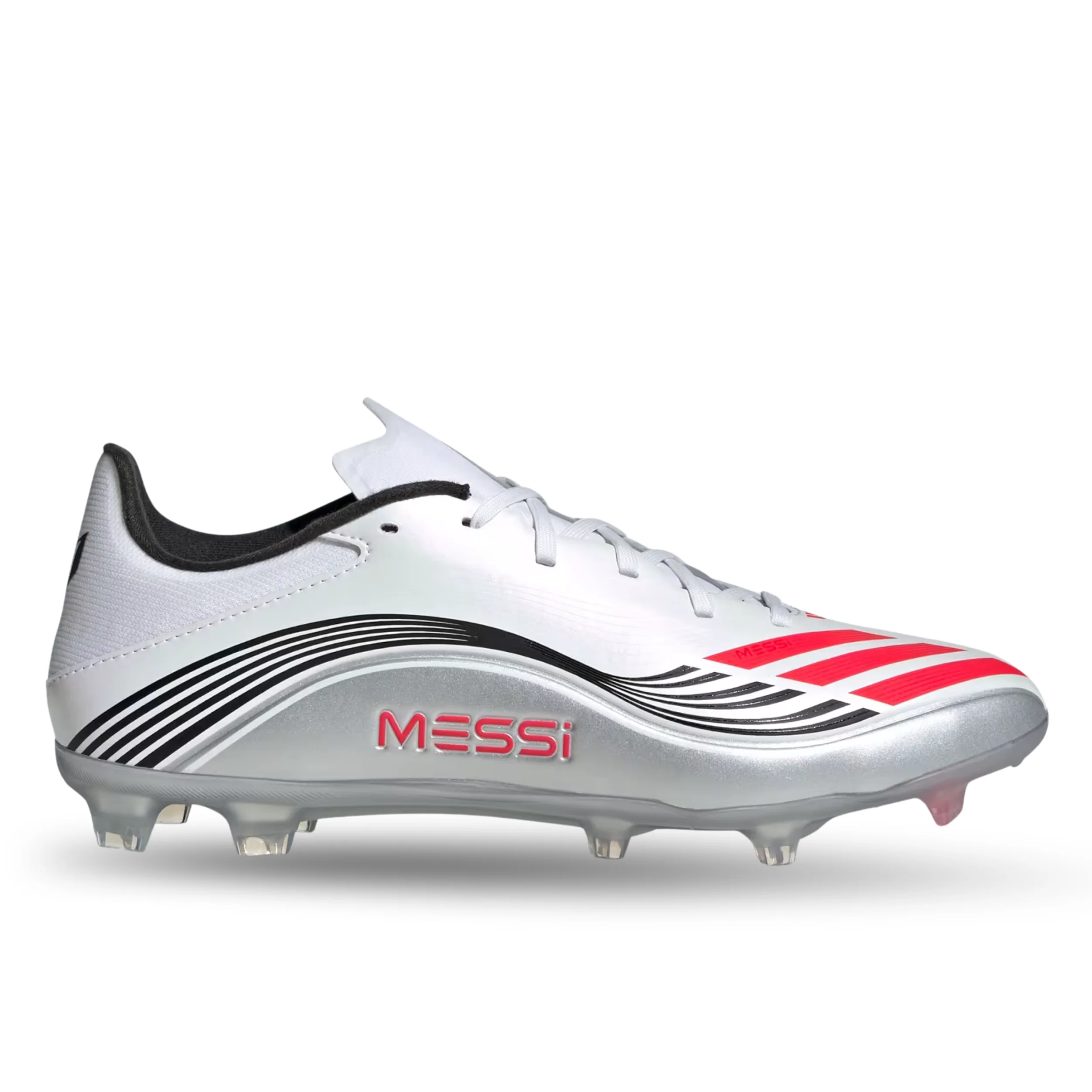 adidas F50 Messi League FG/MG Soccer Cleats (White/Lucid Red/Silver Metallic)