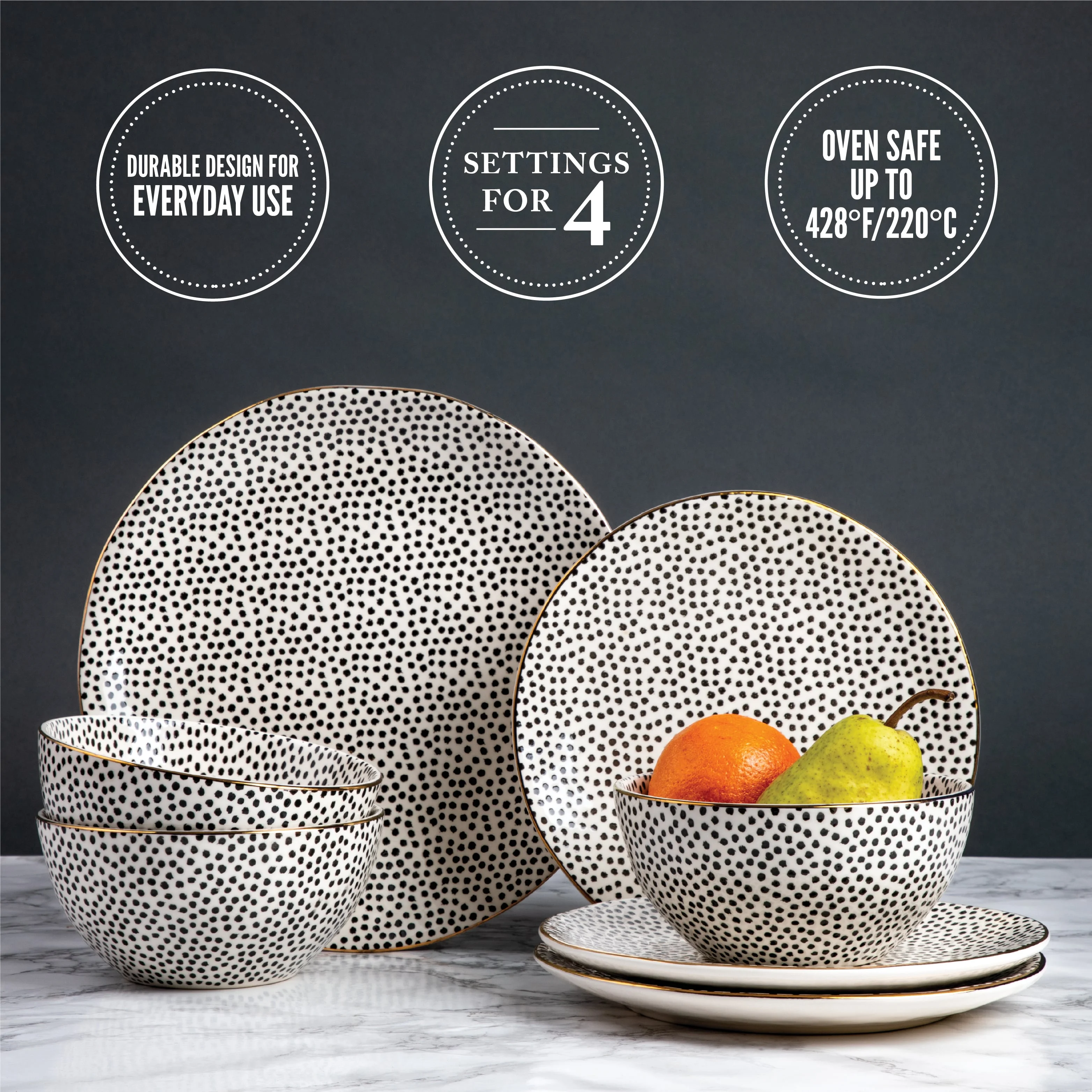 Thyme & Table Dinnerware Black & White Dot Stoneware, 12 Piece Set