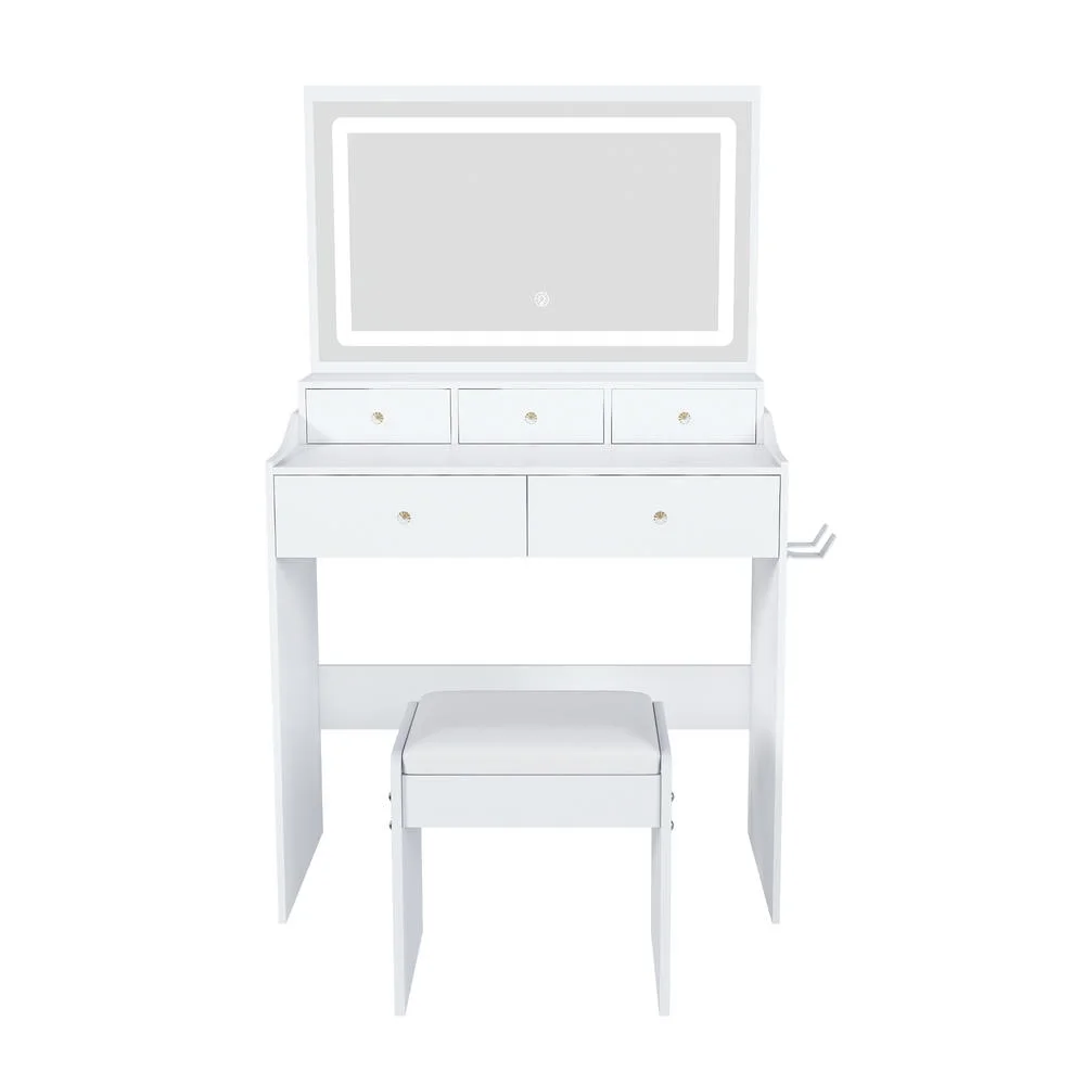 Kadyn Vanity Desk with Lighted Mirror, Vanity Table and Chair Set with 2 Drawers, Dressing Table Makeup Desk with 1 Door, Retro Gray
