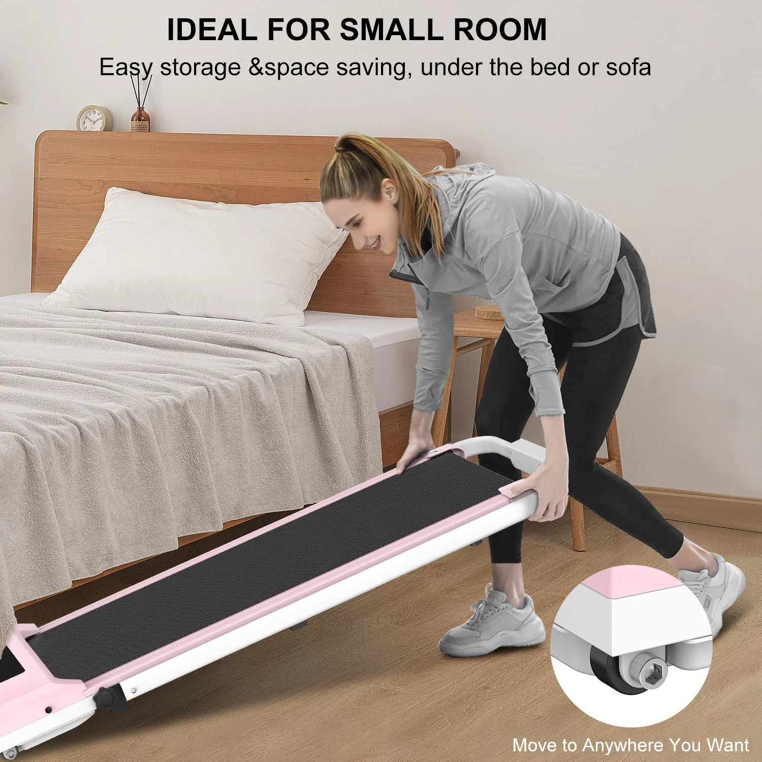 Bigzzia Walking Pad Under Desk Treadmill,Portable Folding Treadmills Motorized Running Machine for Home,6.25MPH,No Assembly Required,Remote Control,265 Lb Capacity(Pink)