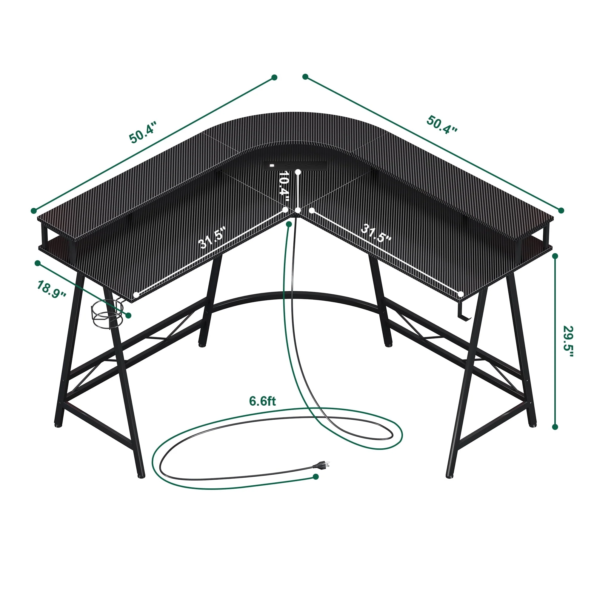 Huuger L Shaped Gaming Desk with LED Lights & Power Outlets, Computer Desk with Monitor Shelves, Home Office Desk Corner Desk with Cup Holder & Hook, Carbon Fiber Black