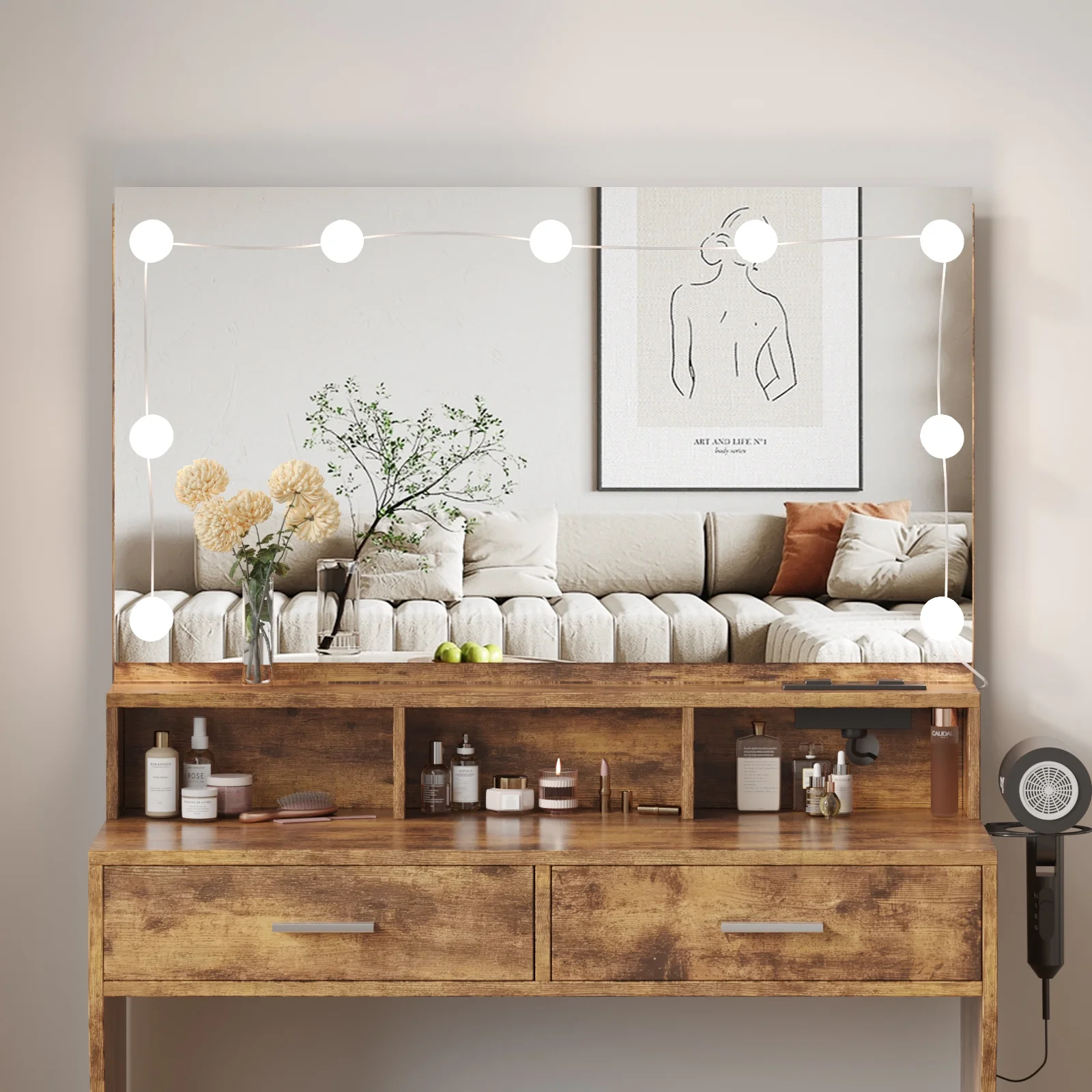 Modern Vanity Table Set with Lighted Mirror,Makeup Table with 2 Drawers & Power Strip,Dresser Desk for Girls, Women, White