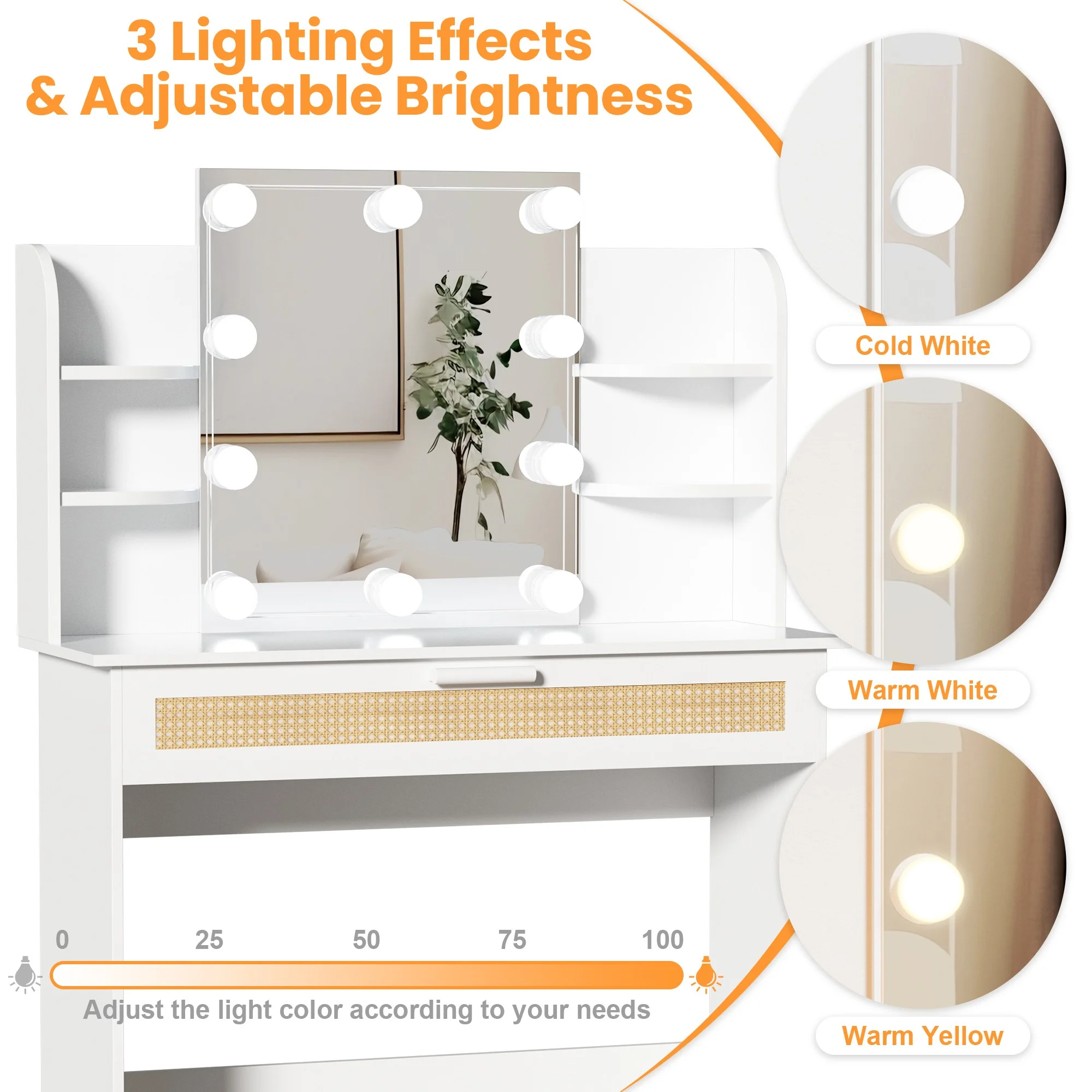 Resenkos Vanity Desk Set with Mirror and Lights for Makeup, 5 Drawers Storage Dresser for Bedroom, White
