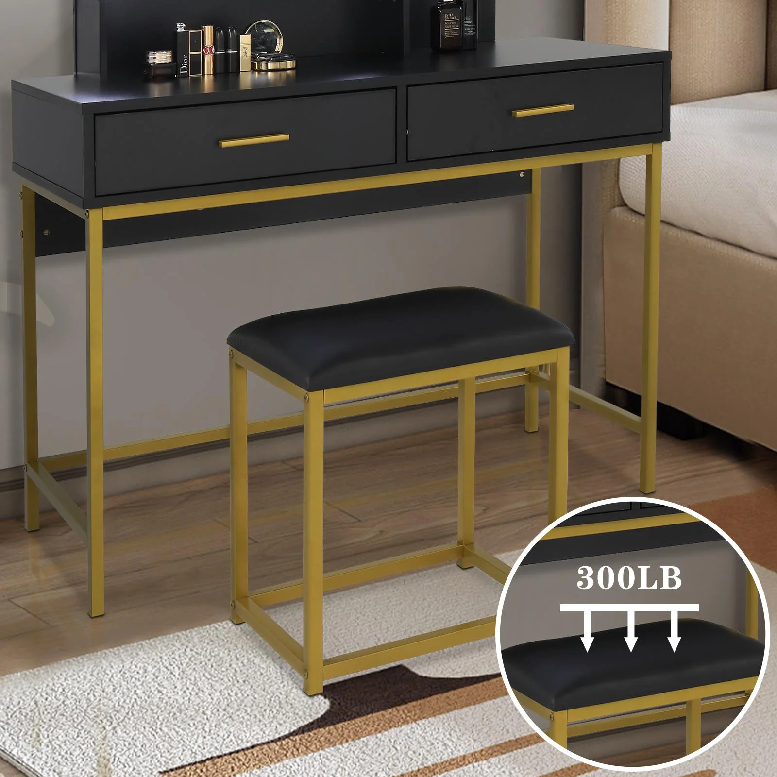 Ktaxon Vanity Table Set with 3 Color Lighted Mirror & Stool, Makeup Vanity Dressing Table, 2 Drawers and Storage Shelves for Bedroom, Gold Vanity Desk for Women (White)