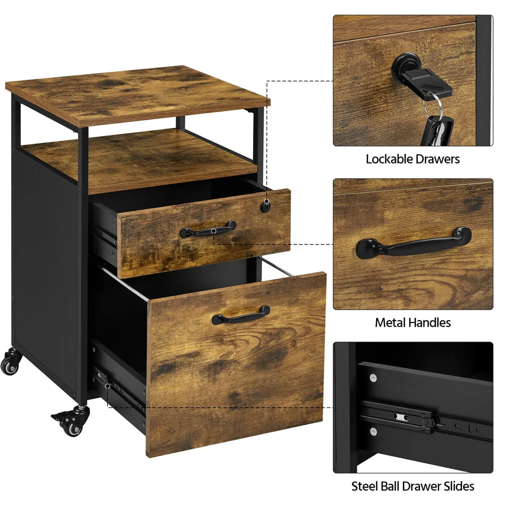 SmileMart Industrial Mobile Vintage File Cabinet with 2 Drawers