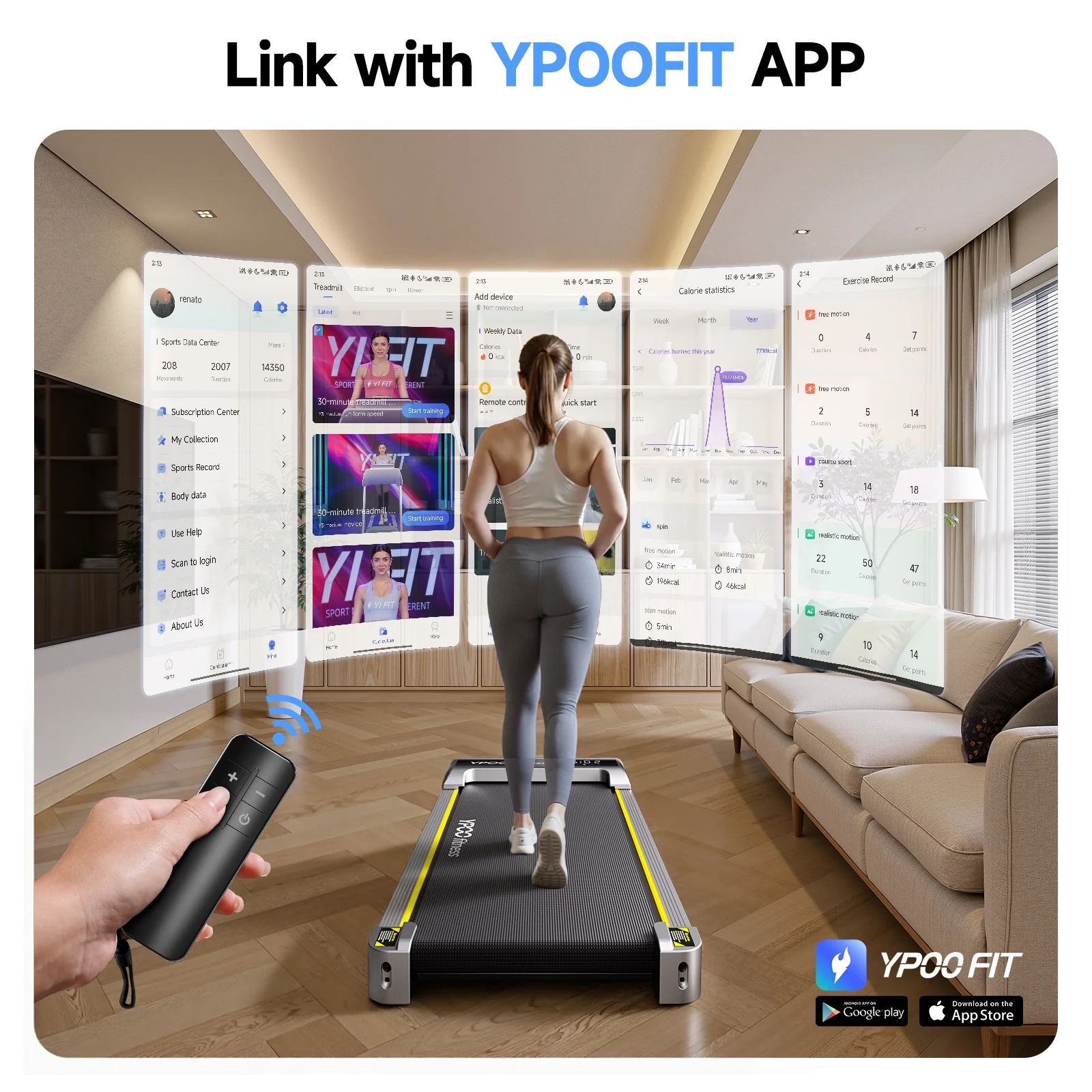 YPOO Walking Pad with Incline, Under Desk Treadmill for Home, 300 lb Capacity, App & Remote Control, 2.5HP Running Machine, No Installation, Silver