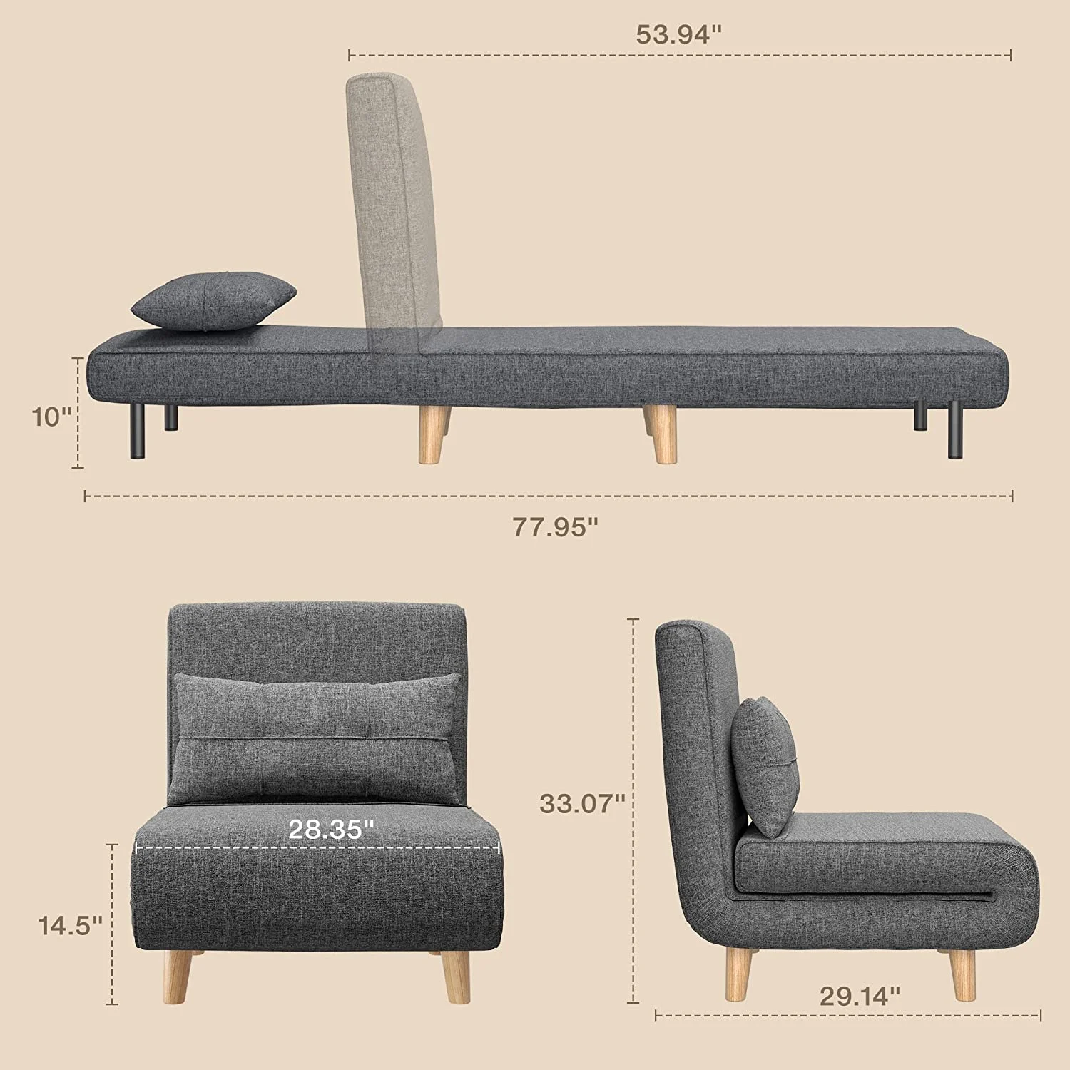 Aiho 3 in 1 Convertible Sofa Bed with Adjustable Backrest, Space-Saving Accent Chair for Apartment & Bedroom - Dark Grey