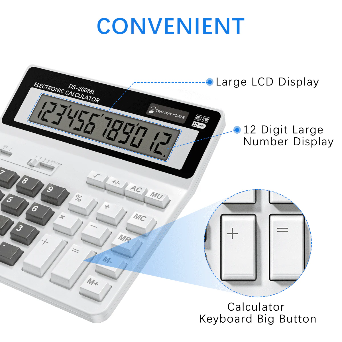 Electronic Calculator 12 Digit Extra Large LCD Display, Two Way Power Battery and Solar Calculators Desktop, Big Buttons Easy to Press Used as Office Calculators