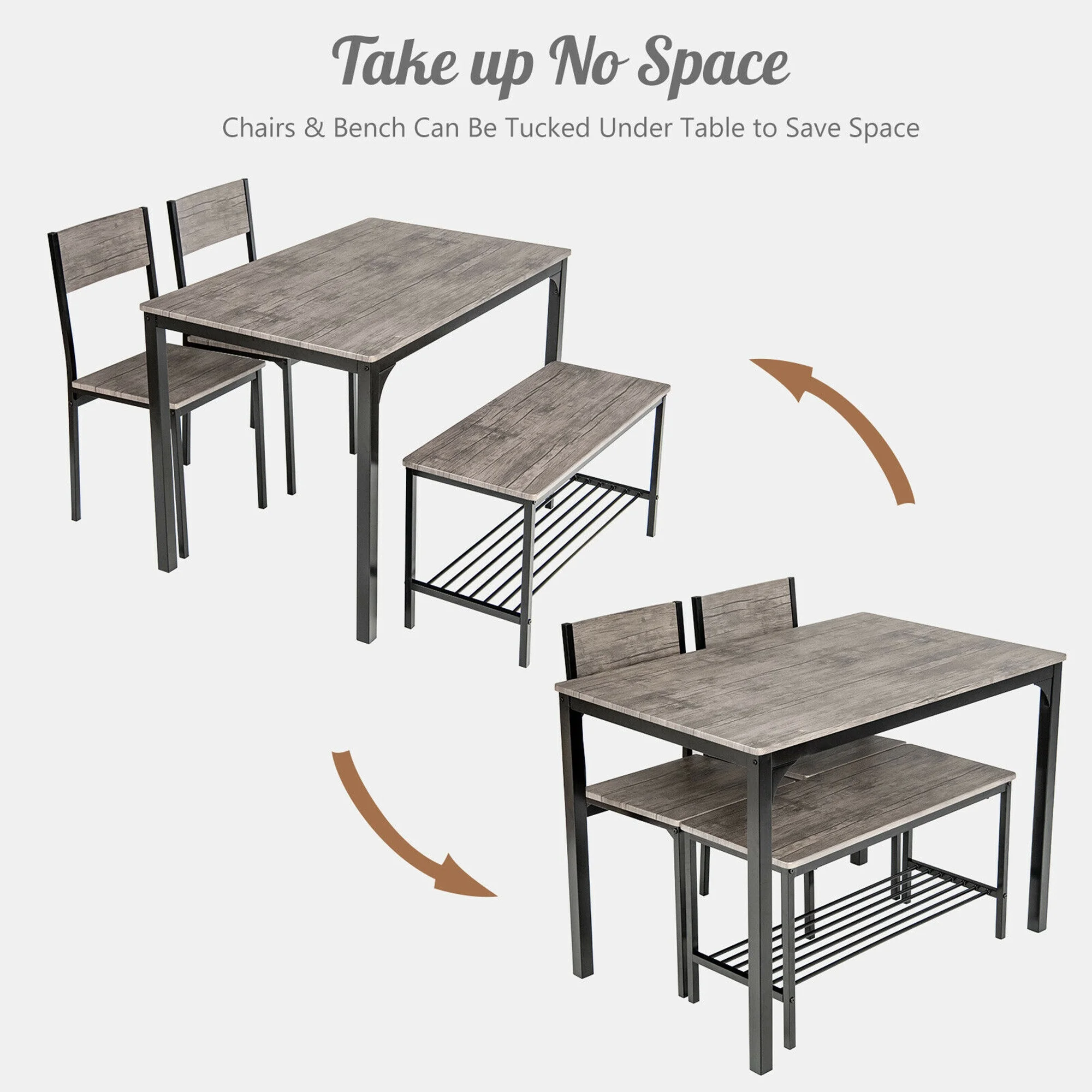 Gymax 4pcs Dining Table Set Rustic Desk 2 Chairs & Bench w/ Storage Rack Grey