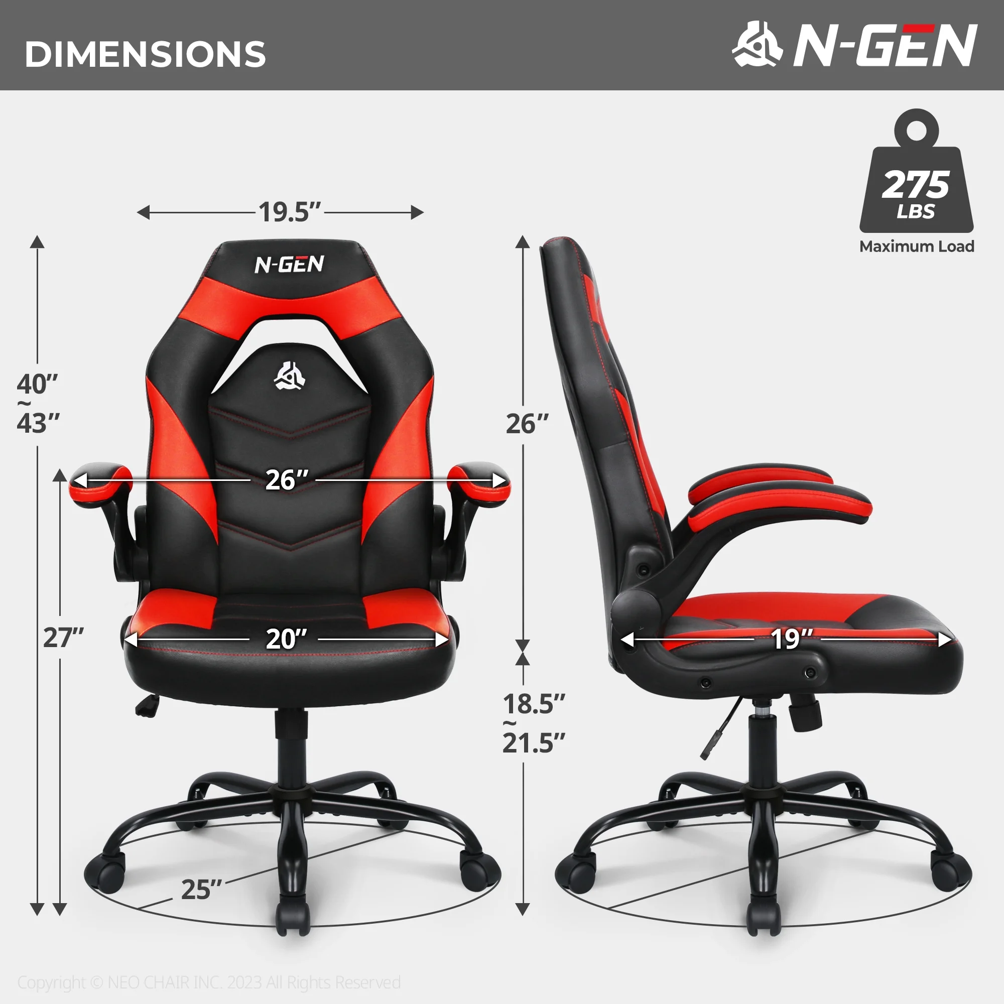 N-GEN Red Gaming Chair, Flip-up Armrest Computer Chair Ergonomic Office Chair PU Leather Desk Chair Executive Adjustable Swivel Task Chair