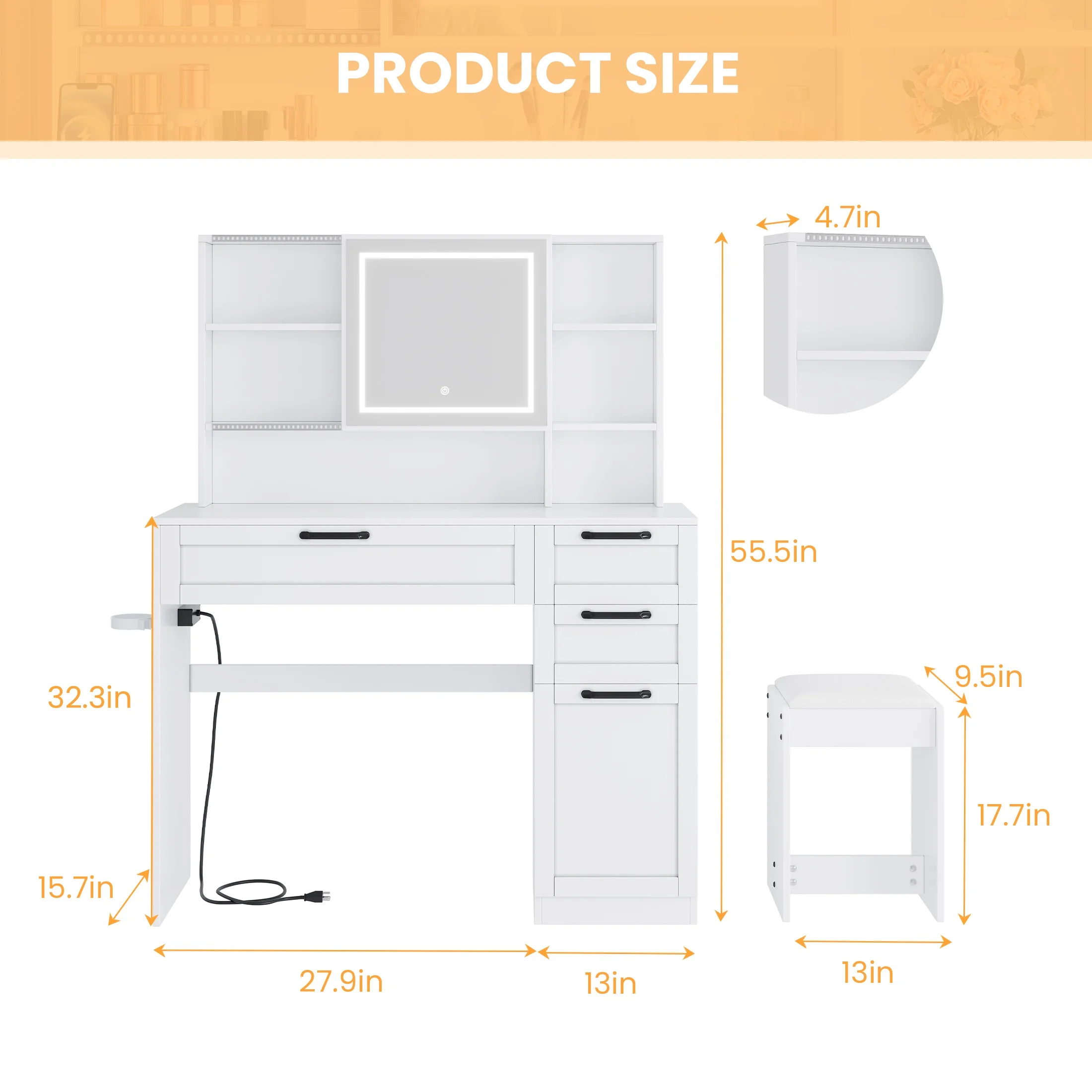 SESSLIFE 41''Vanity Set with Charging Station, Large Makeup Desk with LED Sliding Mirror, 3 Lighting Modes Adjustable Brightness, Makeup Dressing Table Set for Adults,Women, White