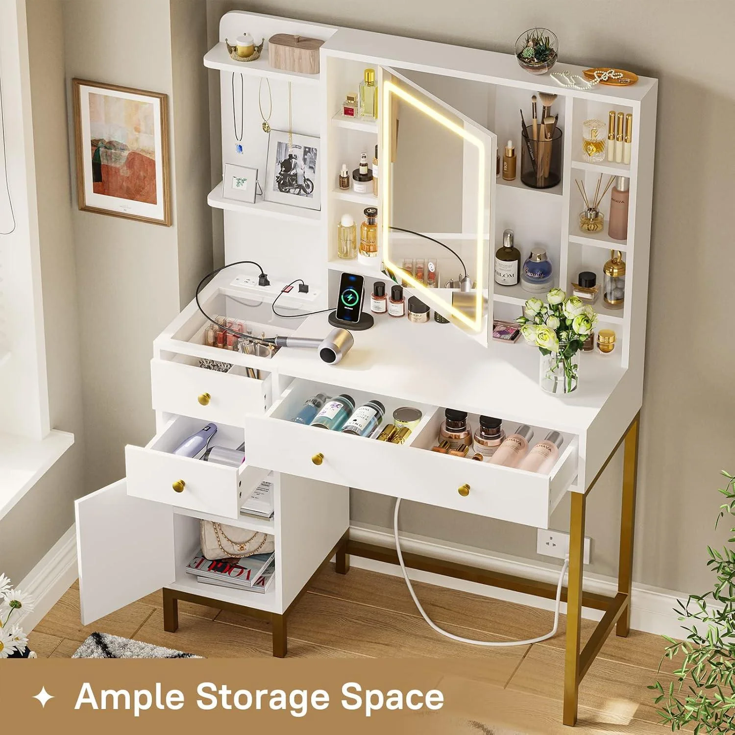 AOGLLATI Makeup Vanity with Lights in 3 Colors, White Vanity Desk with Mirror and Lights, Vanity Table with Charging Station, Makeup Desk with Visible Drawers, Hidden and Open Storage Shelves