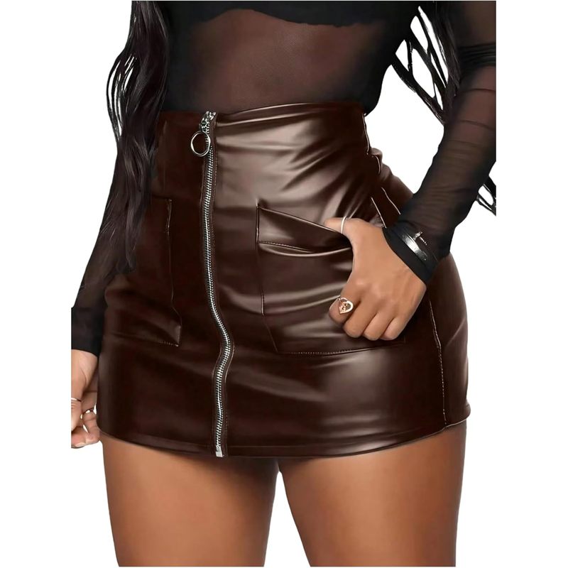 Women's Pockets Zip Up Faux Leather Mini