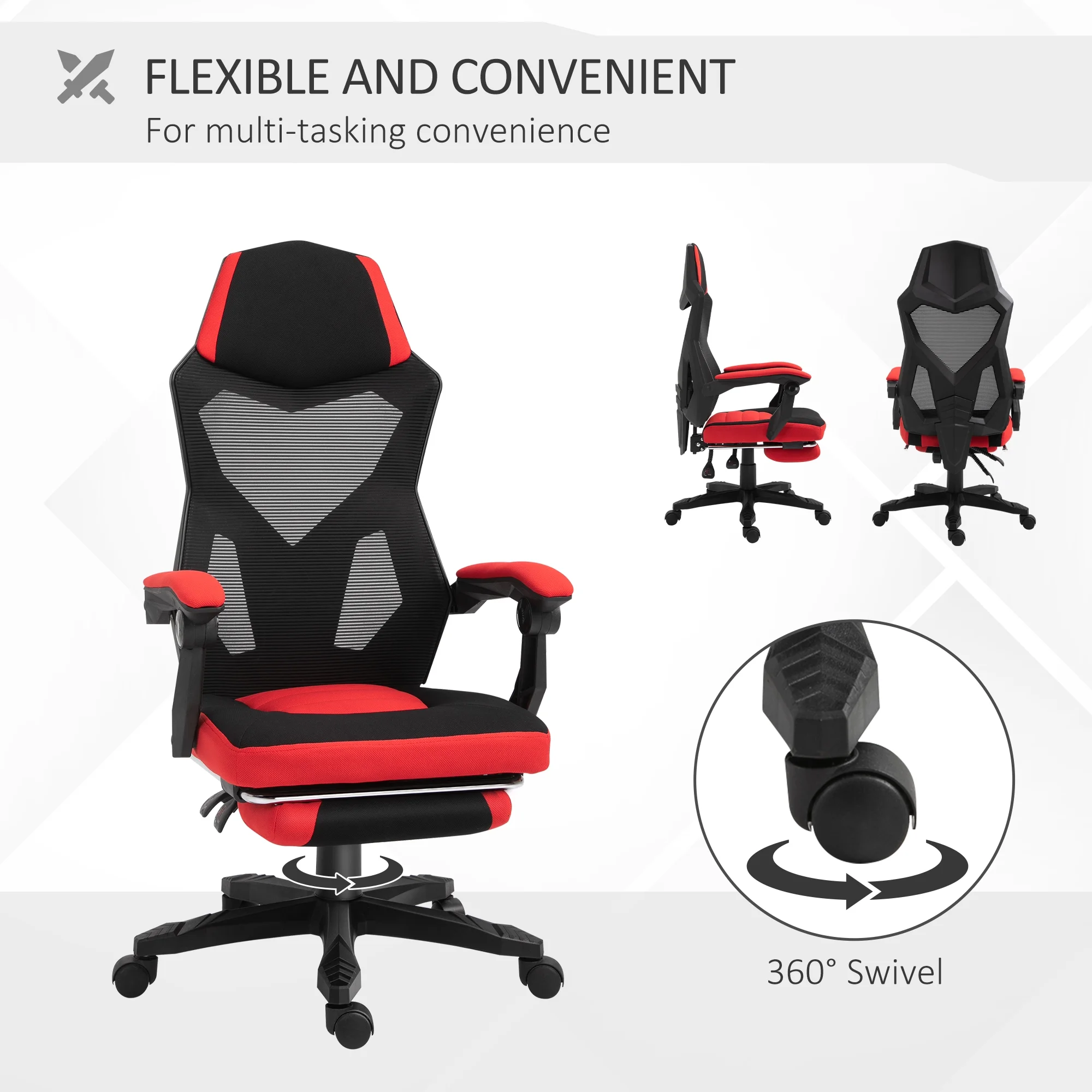 Vinsetto Ergonomic Home Office Chair High Back Armchair Computer Desk Recliner with Footrest, Mesh Back, Lumbar Support and Wheels, Gray