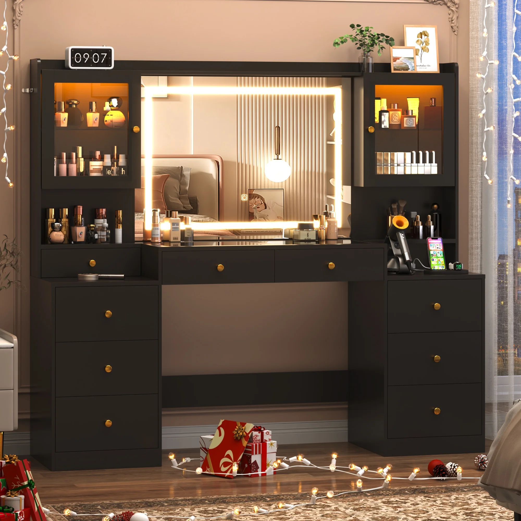 Blotout 62'' Large Vanity Desk w/60000-color LED Lights, Tempered Glass Top, Power Outlet, Makeup Vanity Table w/ 3 Lights Mode Mirror, 9 Drawers, 2 RGB Cabinets, LED Dressing Table for Girls, Women