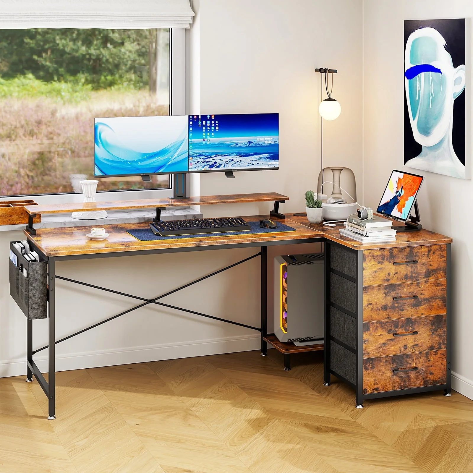 L Shaped Gaming Desk, 63 inch Corner Computer Desk with Power Outlet & USB Charging Port, Modern Writing Desk with 4-Tier Drawer & Monitor Shelf for Home Office, Vintage