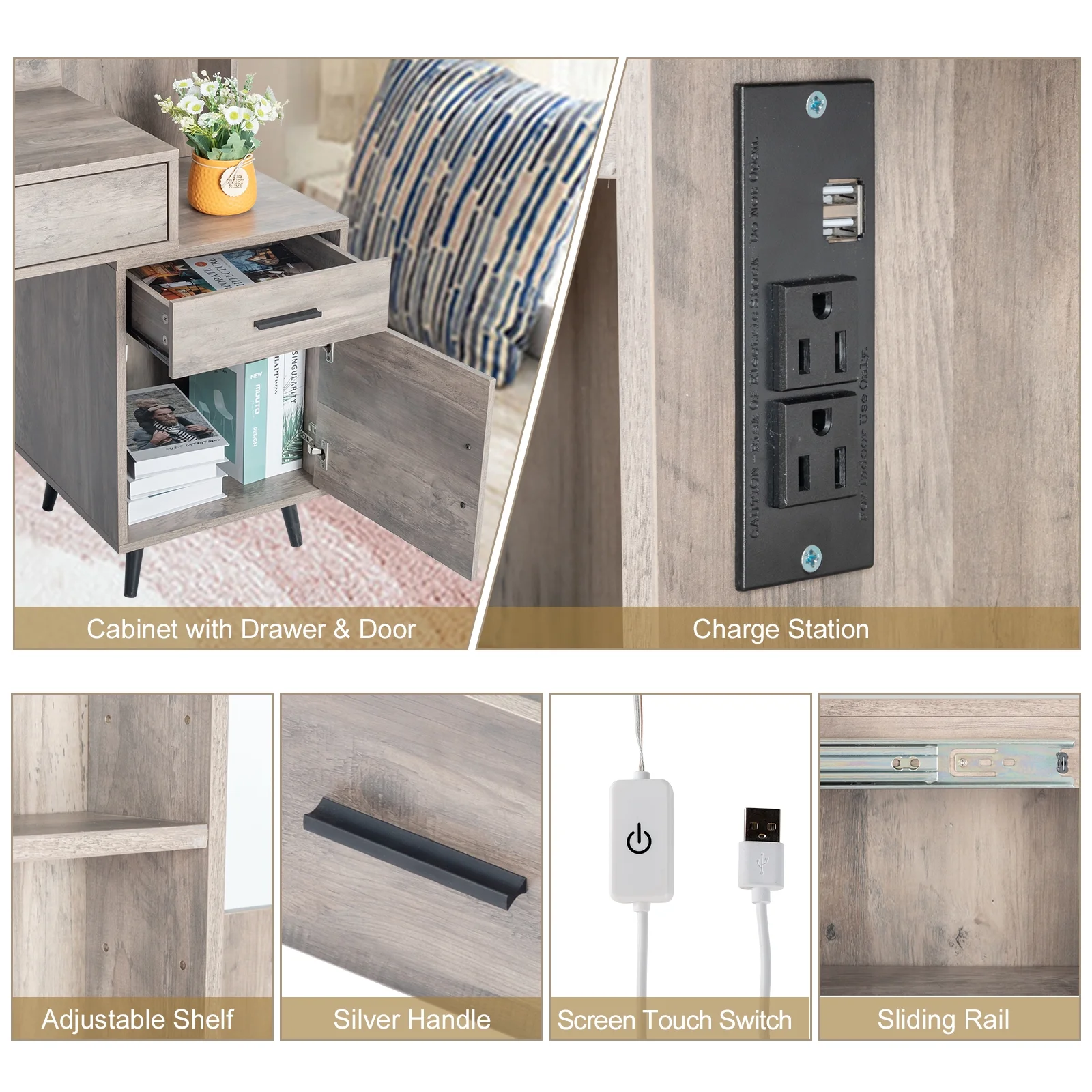 Ktaxon Vanity Set with 3 Color Lighted Mirror & Charging Station, Makeup Table with 3 Storage Shelves & Drawers, Dressing Table Makeup Desk with Stool,Retro Gray