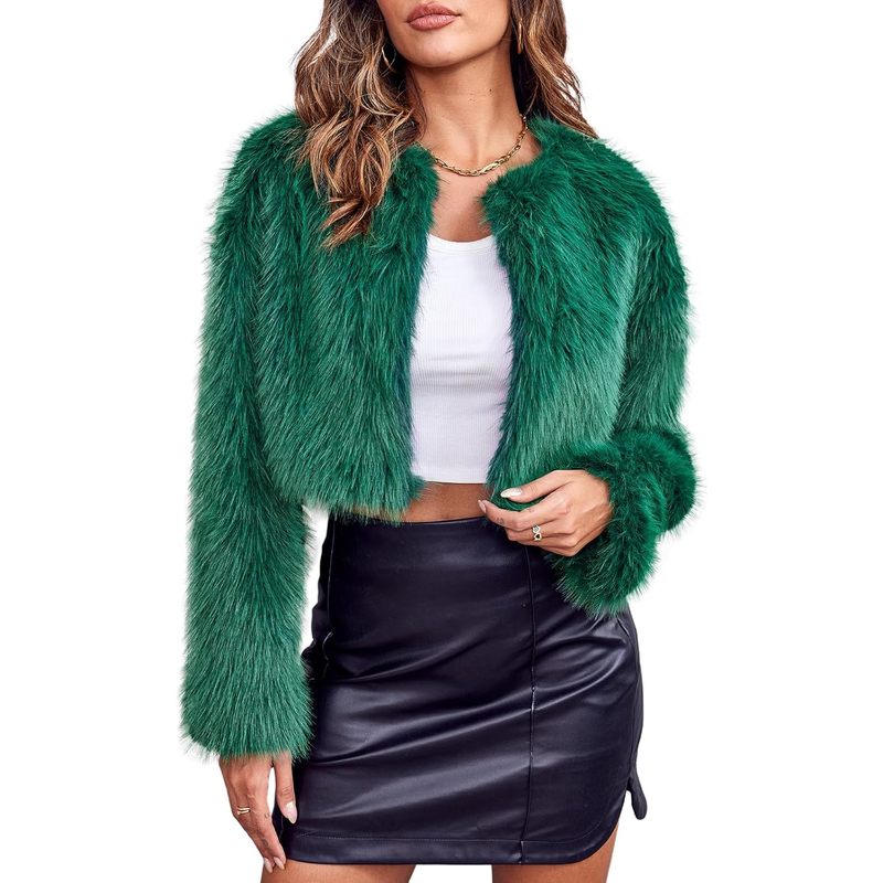 Women's Fashion Cropped Faux Fur Jacket Long Sleeve