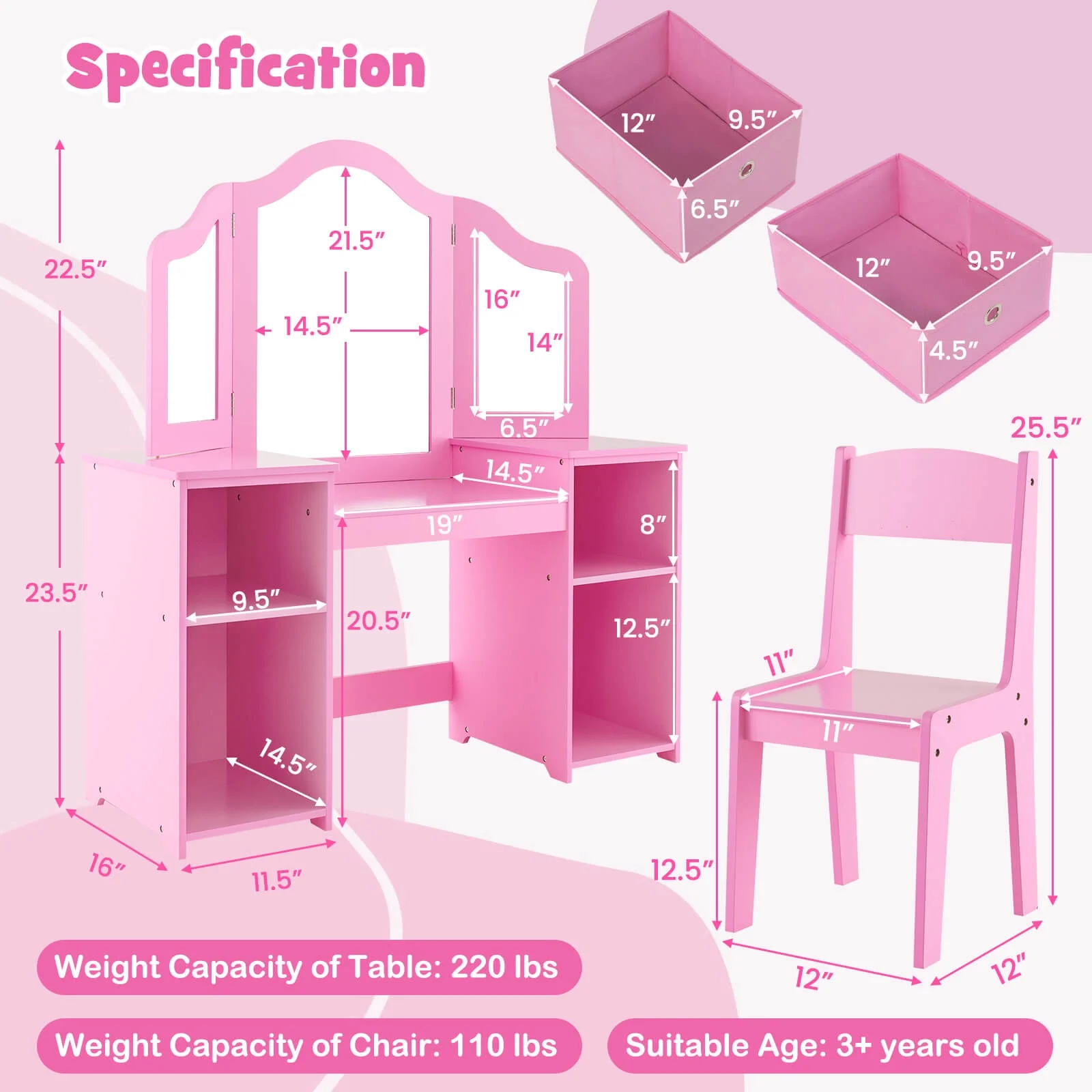 Infans Kids Vanity Table & Chair Set 2-in-1 Princess Pretend Play Makeup Vanity Set