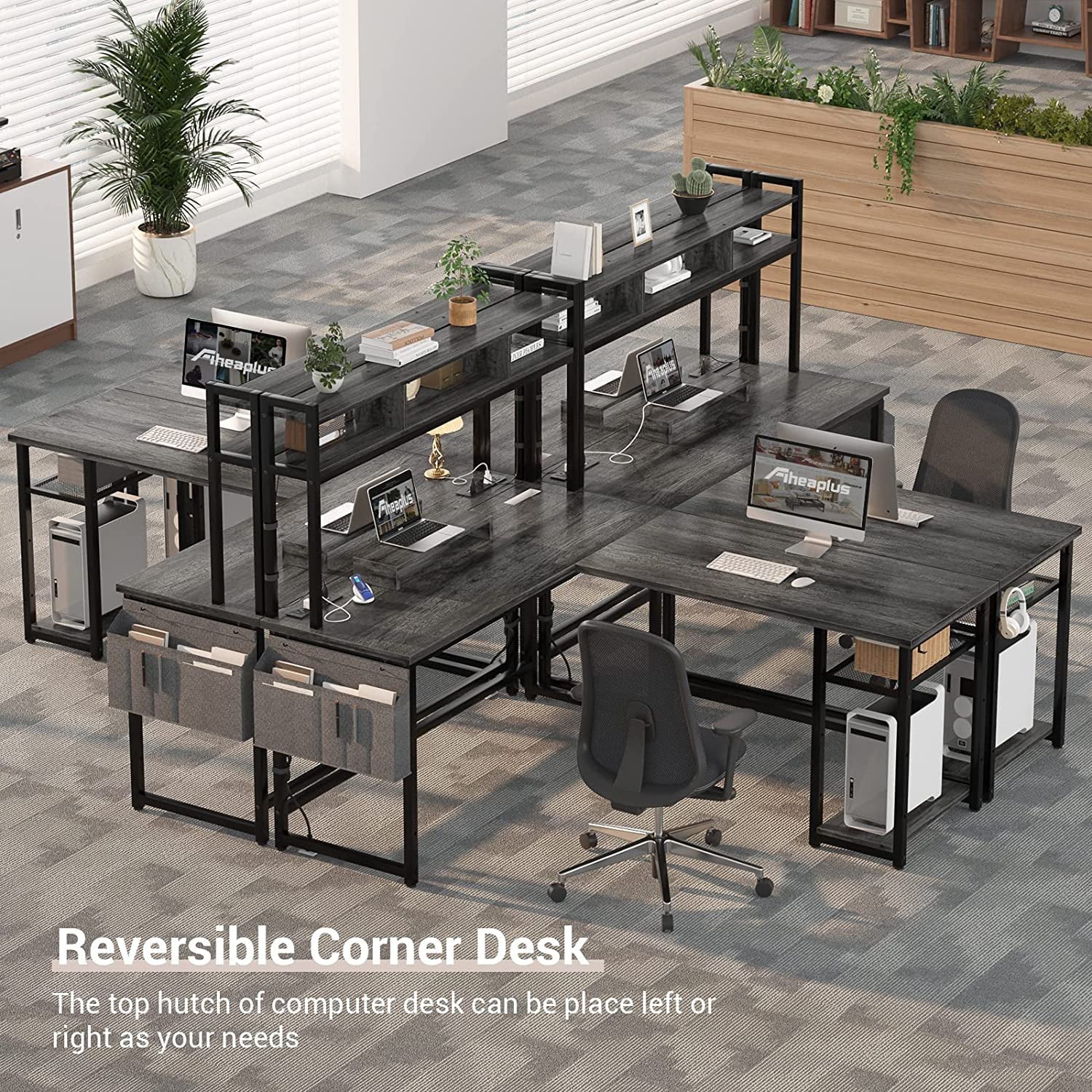 Homieasy L Shaped Desk with Power Outlet & USB Ports, 86.6'' Reversible L-Shaped Gaming Desk with Monitor Stand & LED Strip, 2 Person Corner Computer Desk with Hutch for Home Office, Grey Oak