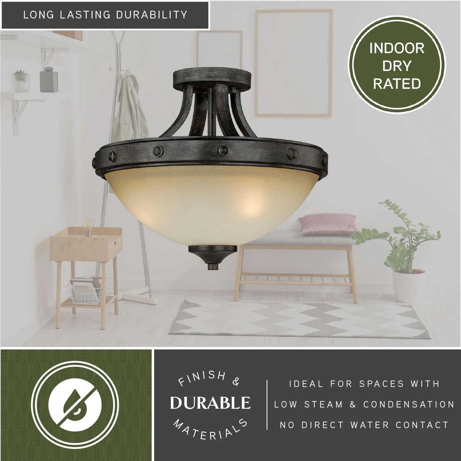 Halifax 14.5-in W Bronze Rustic Bowl Semi Flush Mount Ceiling Light Cream Glass