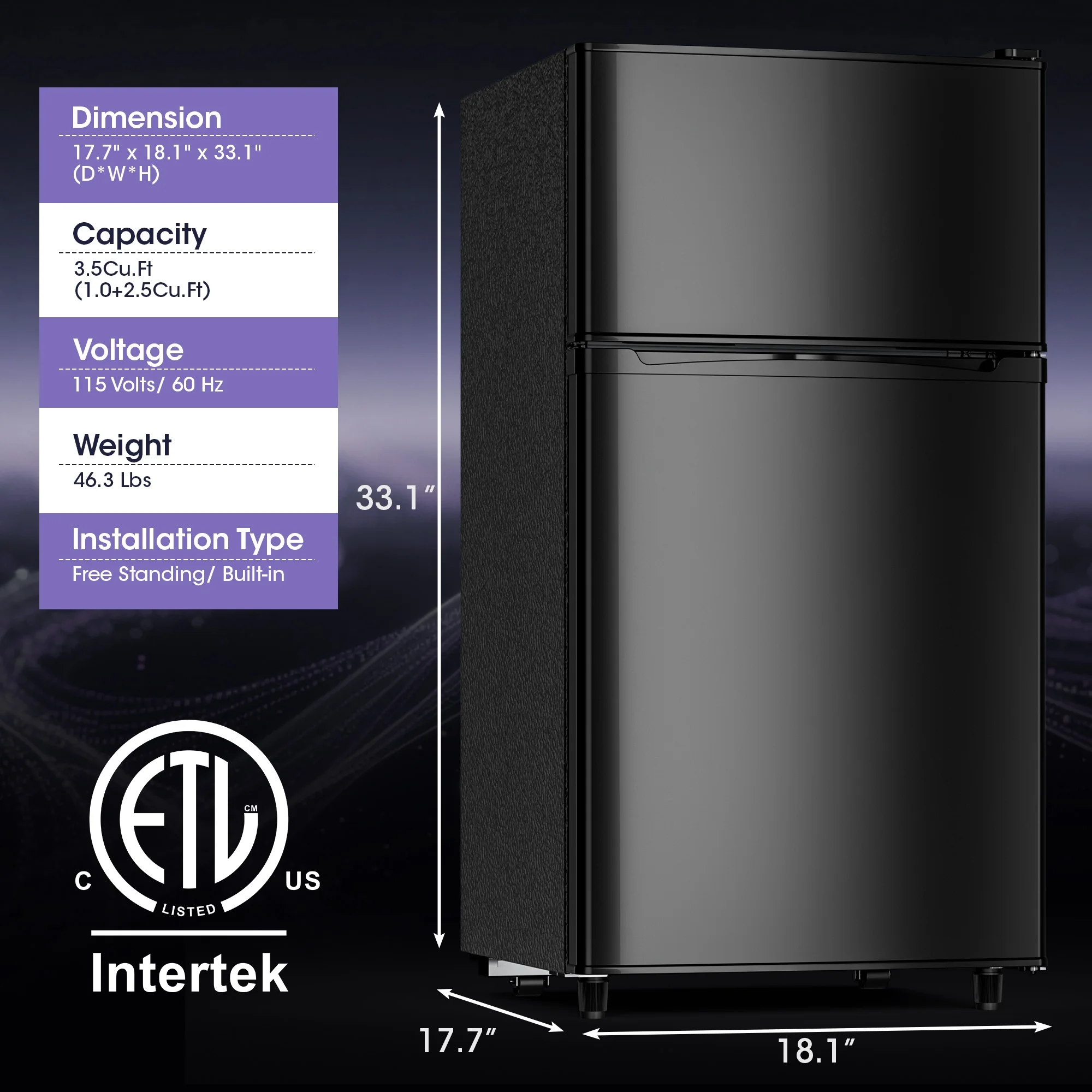 Manastin 3.5 Cu.ft Mini Fridge with Freezer, Adjustable Thermostat, Low Noise, Removable Glass Shelves, 2 Door Small Refrigerator for Kitchen, Office, Bedroom,Black