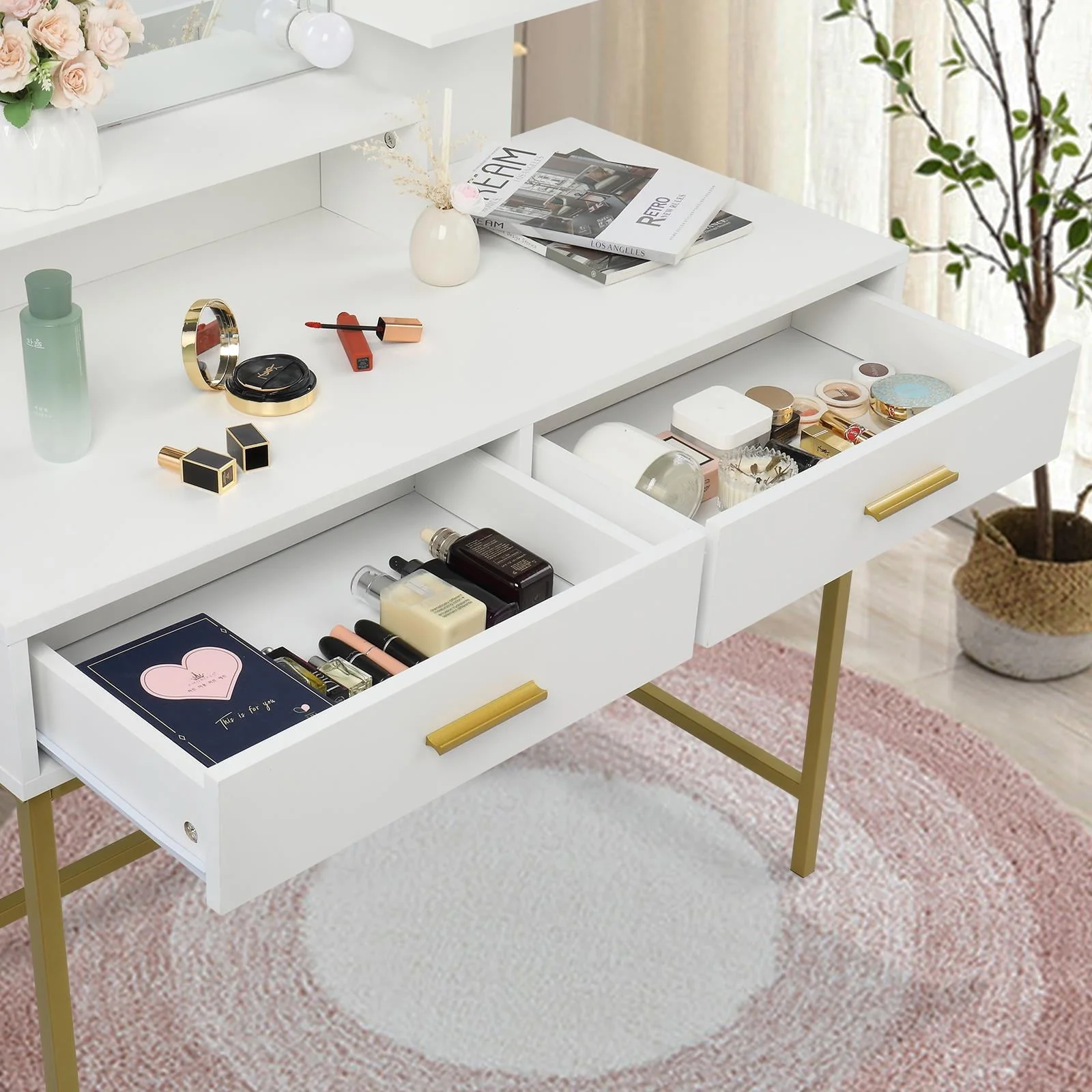 Ktaxon Vanity Table Set with 3 Color Lighted Mirror & Stool, Makeup Vanity Dressing Table, 2 Drawers and Storage Shelves for Bedroom, Gold Vanity Desk for Women Girls (White)
