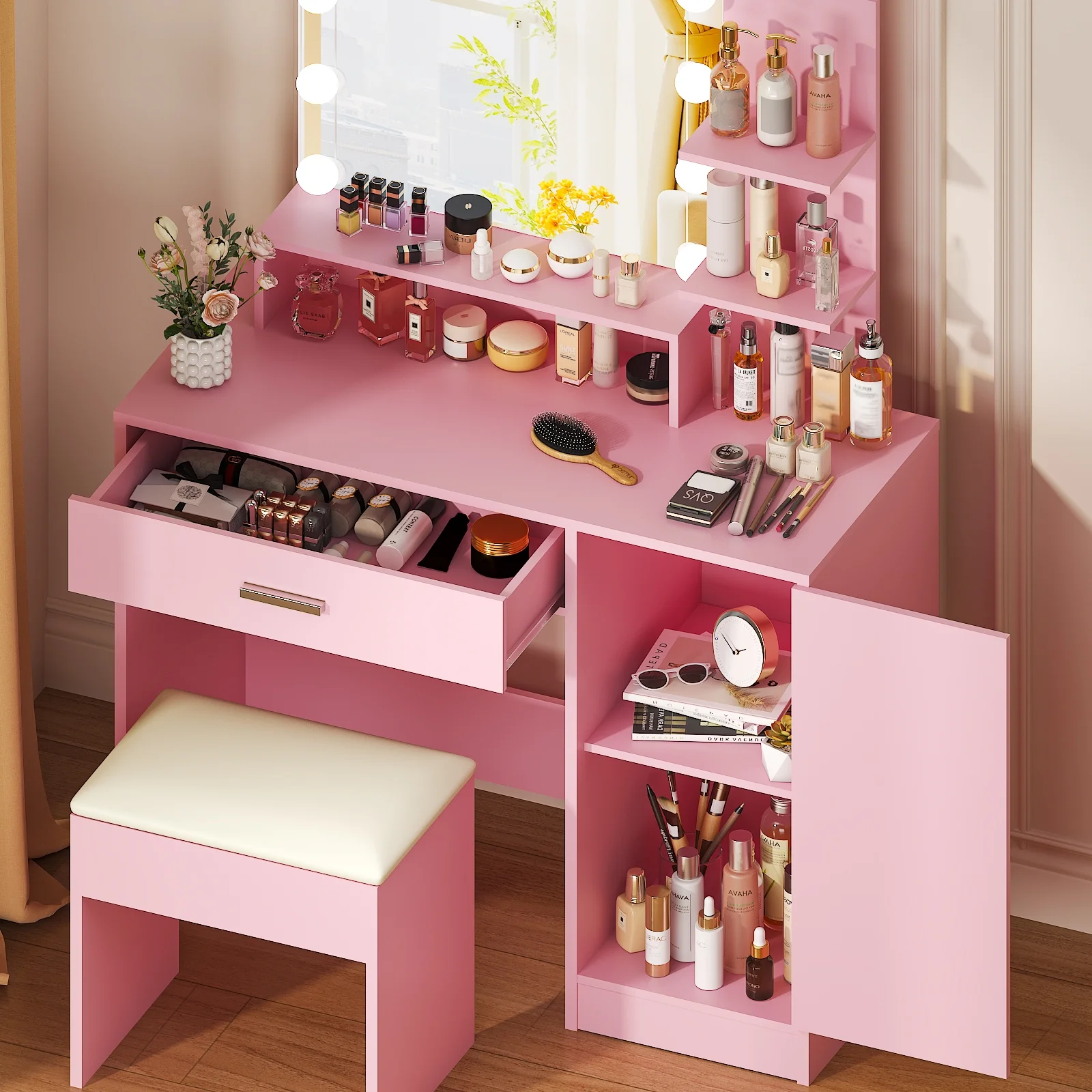 Ktaxon Vanity Set with 3 Color Lighted Mirror, Makeup Table with 3 Storage Shelves & Drawers, Dressing Table Makeup Desk with Stool,White