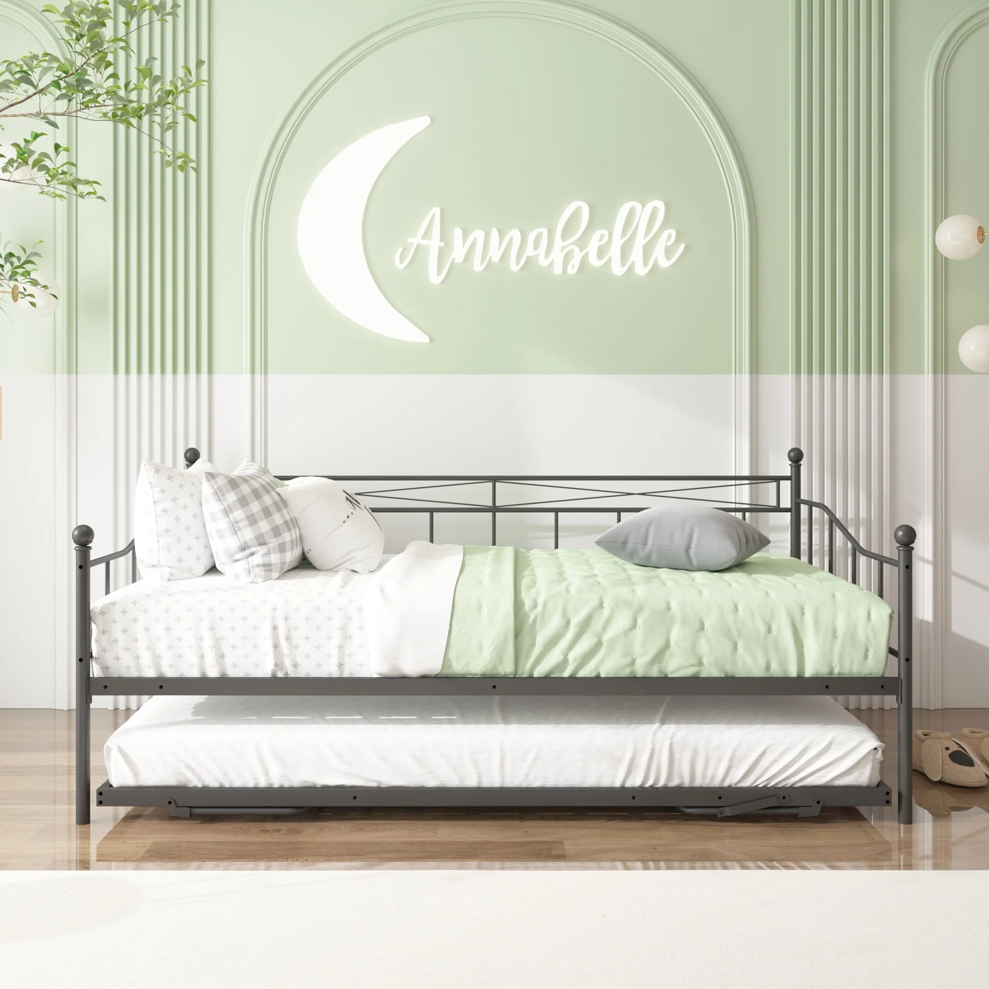 paproos Twin Size Daybed with Adjustable Pop Up Trundle, Heavy-Duty Steel Metal Bed Frame Space Saving, Perfect for Kids/Teens/Adults