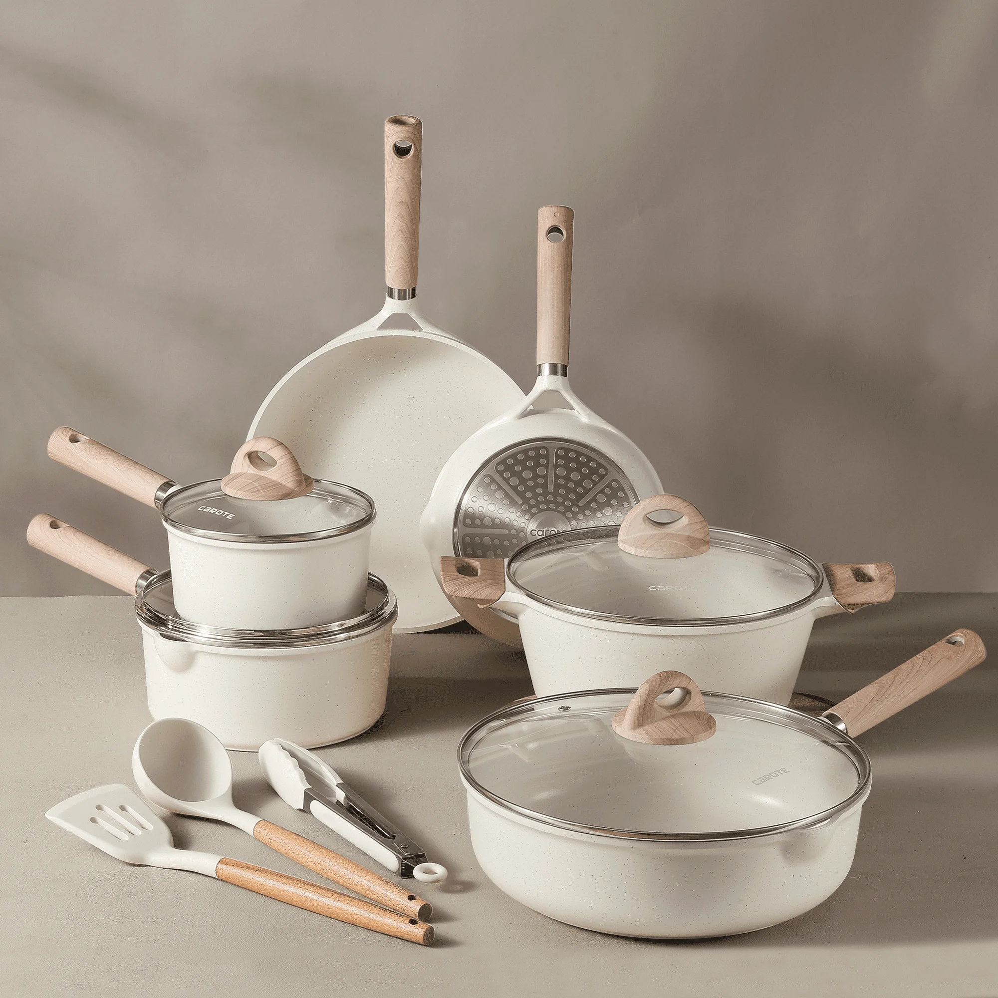 Carote Nonstick Pots and Pans Set, 13 Pieces Kitchen Cookware Sets Compatible for All Stoves, White Granite