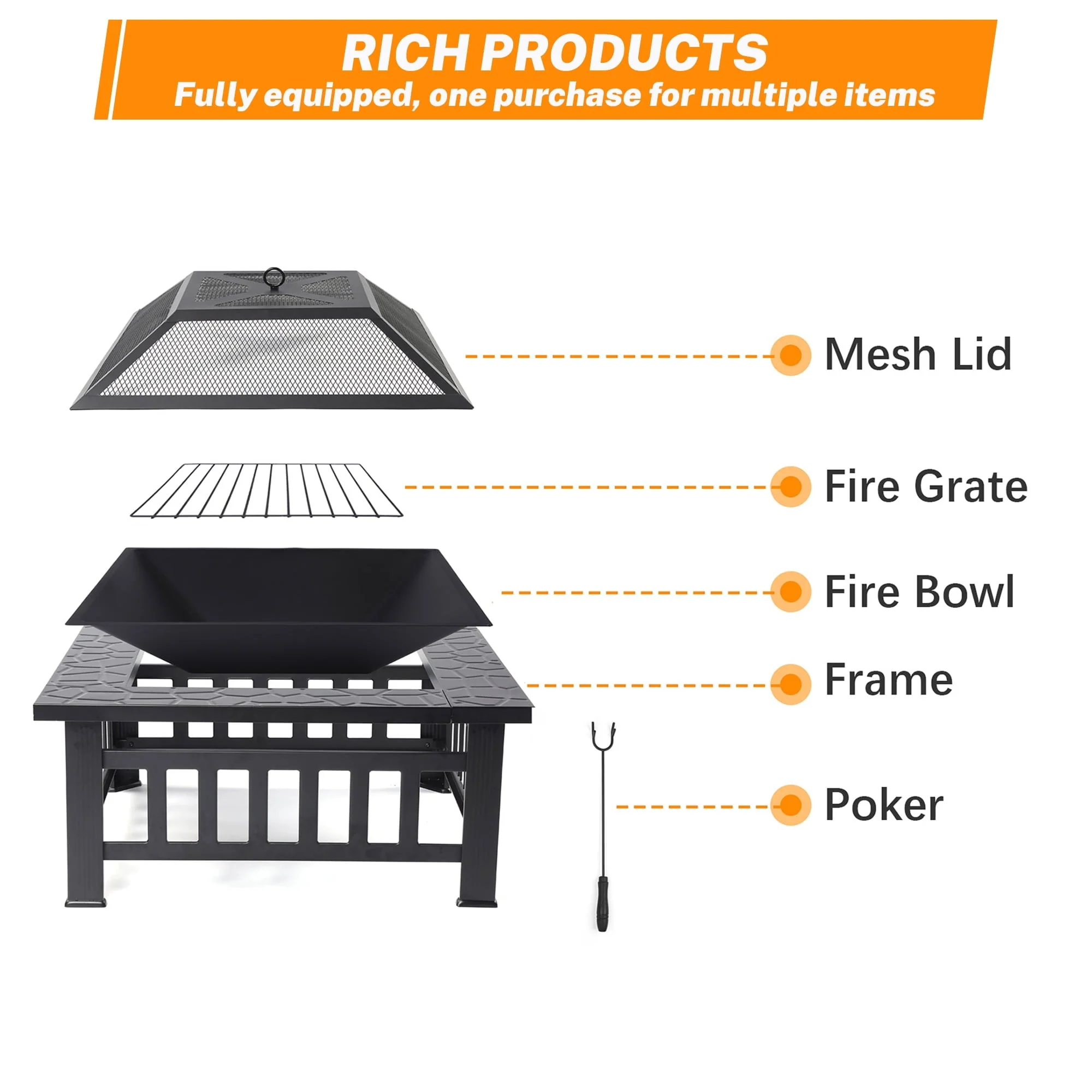 Metal Fire Pit for Outside, 32'' Stone Finish Fire Pit Table, Wood Burning Outdoor Firepit with Fire Bowl, Mesh Screen Lid, Poker