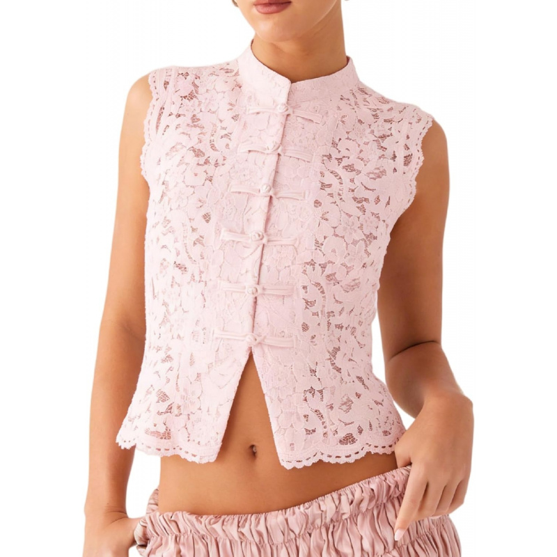 Sheer Lace Tank Top Mock Neck Frog Button Mandarin