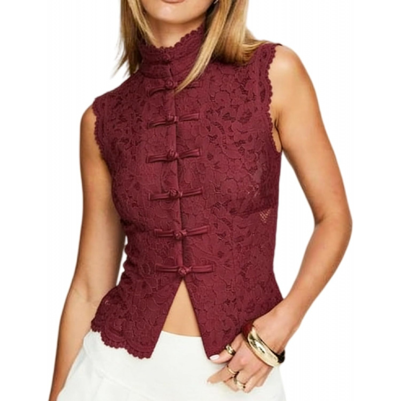 Sheer Lace Tank Top Mock Neck Frog Button Mandarin