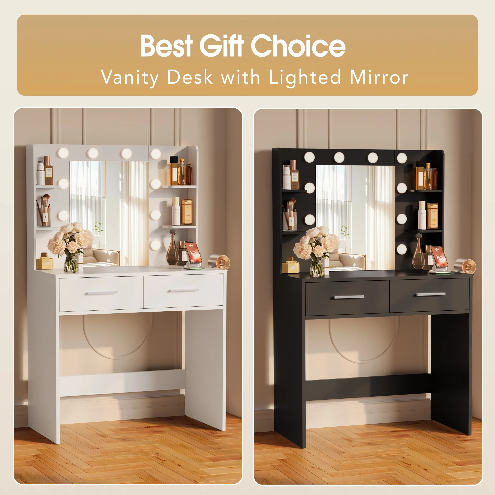 Furmax Makeup Vanity Table and Chair Set with 3 Modes Adjustable Lights and Mirror Vanity Desk with Shelves and Drawer, White