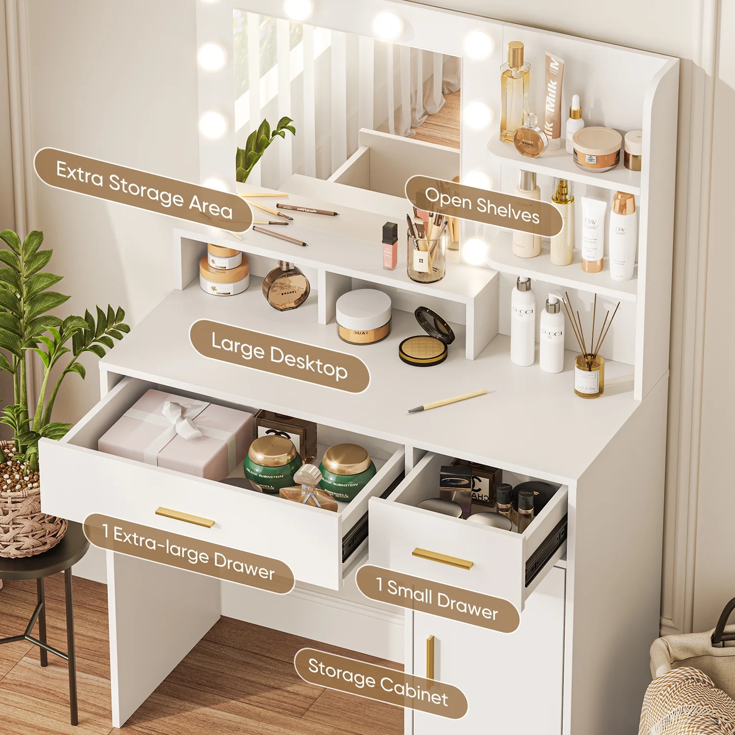 eChamp Makeup Vanity Desk with 3 Color Light & Mirror, Vanity Table with 4 Drawers, Storage Shelf, Power Outlet, Adjustable Brightness Dressing Table, White